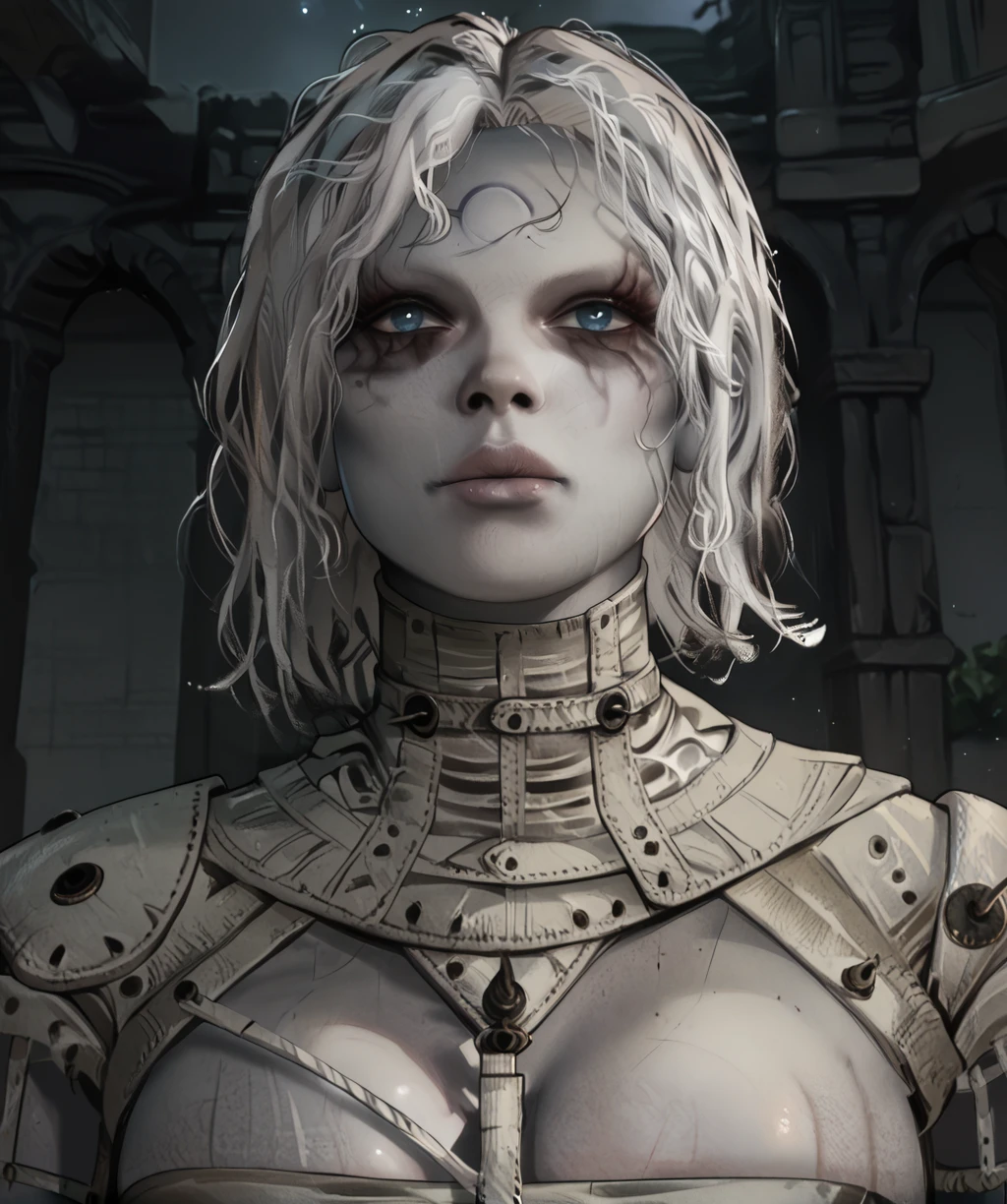 score_9, score_8_up, score_7_up, score_6_up, score_5_up, score_4_up,
laxasiaxl, white hair, blue eyes, facial mark, forehead mark, medium hair, lips,
white , serious, from below, cleavage,
close up,
night, ruins,
looking at viewer, <lora:laxasiaTCXL-11v7:1>,