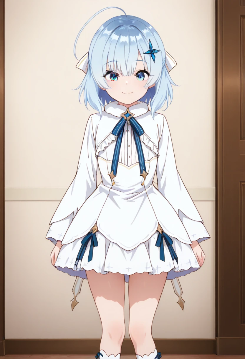masterpiece, best quality, amazing quality, very aesthetic, absurdres, newest, huge filesize, indoors, 1girl, solo, blue eyes, ahoge, socks, hair ornament, small breasts, ribbon, dress, white dress, long sleeves, blue hair, white socks, smile, <lora:Tina_Howard-000016:1>