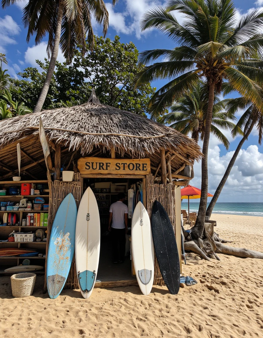 Surfing life style. Cinematic photo. A photograph of a surf shop on a tropical beach with a thatched roof hut and several surfboards lined up in front of it. the shop is located in the middle of the image, with three surfboards leaning against the wall on the right side of the entrance. The surfboards are of different colors - one blue, one white, and one black - and are positioned in a row, with the blue one in the foreground and the white one behind it. The shop has a wooden sign that reads "surf store" above the entrance, and there are shelves filled with various surfboards and accessories visible inside the store. the beach is lined with palm trees and the ocean can be seen in the background, with a clear blue sky and fluffy white clouds above. the image is taken from a low angle, looking up at the shop from the left side, giving a sense of depth and perspective. the colors are vibrant and the details are sharp, making it a beautiful and serene scene.
outdoor, sky, clouds, blue sky, day, water, ocean, palm tree, sand, surfboard, shelf, ocean view, beach, surfboards, shelf with surfboards
camera_angle: from front, art_style: photo realistic, location: beach, background: tropical beach scene with a hut, text: SURF STORE, image_composition: left, clothing: wooden sign above entrance, distance_to_camera: entrance, pants: NA, accessory: boards on the wall, shoes: N/A, action: standing, facing_direction: facing viewer, eye_direction : NA, facial_expression: NA;NA, ear: NA>, eye_color: NA|NO, gender: no human;no human, hair_colour: blue;white, hair _style: short hair;long hair, race: light skin, body: slim, large surfboard;surfboard, hair color: NA
