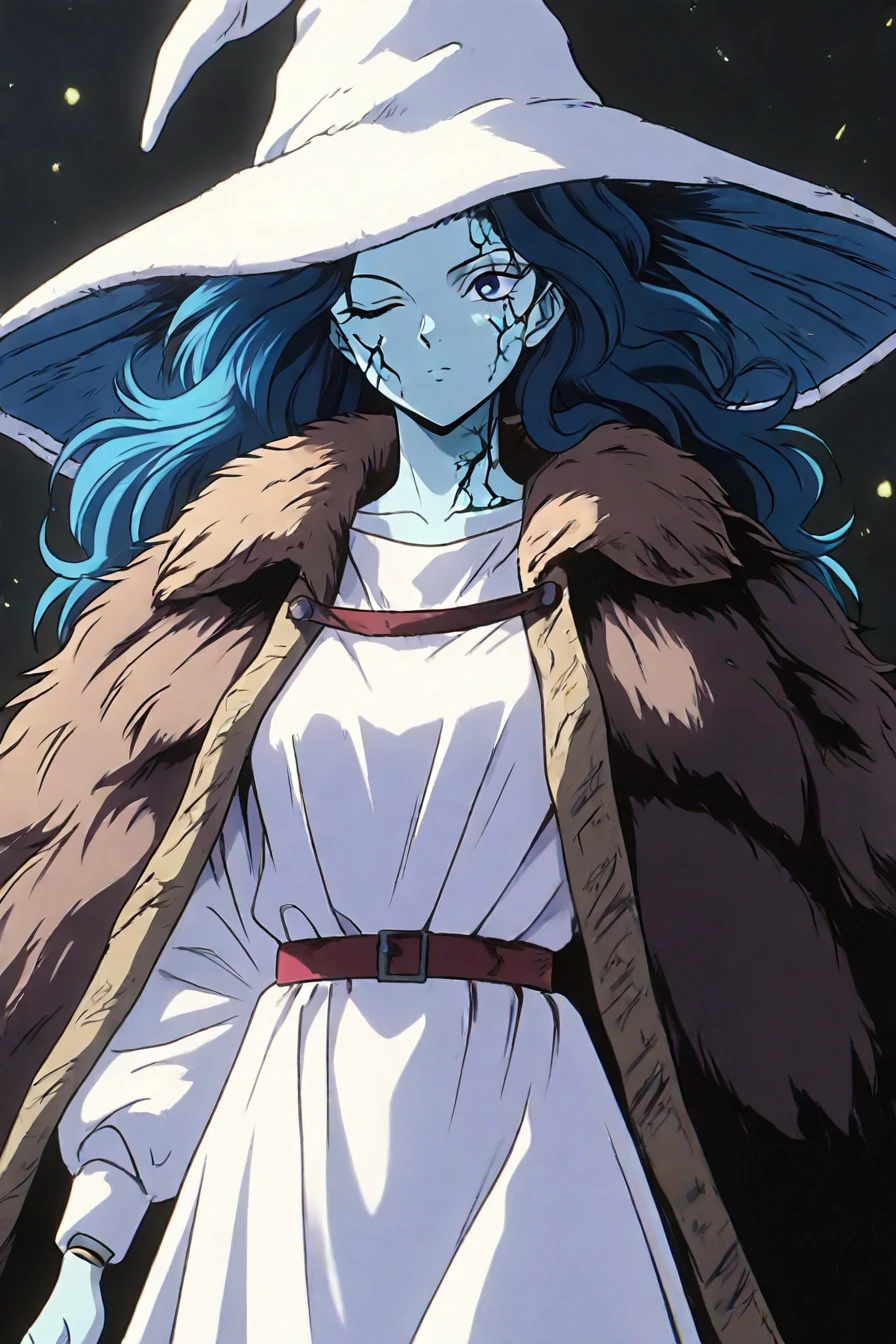 <lora:Ranni_illusXLNoobAI_Incrs_v1:0.4> RnnDef, blue eyes, one eye closed, blue hair, wavy hair, blue skin, colored skin, cracked skin, doll joints, witch hat, large hat, white headwear, white dress, long sleeves, fur cloak, brown cloak, 1girl, solo, alone, <lora:yu_yu_hakusho_style_illustriousXL-000015:1>, yu_yu_hakusho_style, masterpiece, highres