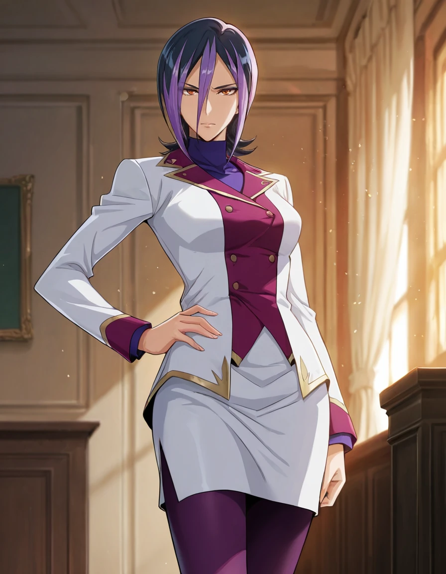 <lora:Droite_SDXL_IL_V1-000015:0.7>,d2o2t1,1girl,solo,short hair,black hair,purple hair,dyed bangs,hair between eyes,orange eyes,blue eyeshadow,white blazer,white pencil skirt,pink collar,,purple bodysuit,bodysuit under clothes,purple pantyhose,single anklet,black high heels,
standing,looking_at_viewer,cowboy_shot,available light,indoors,hand on own hip,, Best quality,masterpiece,soft light,official art,masterpiece,high quality,highres,absurdres,best quality,epic scene,natural textures,16k, masterpiece, absurdes, highly detailed, highres, high quality, best quality, score_9, score_8_up, score_7_up, source_anime, masterpiece, perfect face, perfect eyes,(extremely detailed face),Smooth Quality,