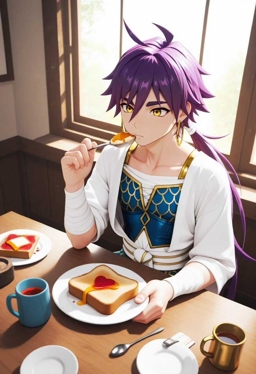 masterpiece, best quality, amazing quality, very aesthetic, high resolution, ultra-detailed, absurdres, newest, colorful, highest detailed, very awa, 3d, sitting at dining table, light breakfast scene, natural light from window, plain shirt and pajama pants, toast and jam on plate, ceramic mug, minimal table decor, morning routine ambiance, quiet home kitchen \(background\), spoon in hand, 1boy, solo, male focus, <lora:snbd_msnb_ilxl:0.9>, snbd_msnb, purple hair, yellow eyes, long hair, ponytail, hair between eyes, ahoge, aged down, white wrap top, blue and gold patterned bustier, white bandages, gold hoop earrings, white obi