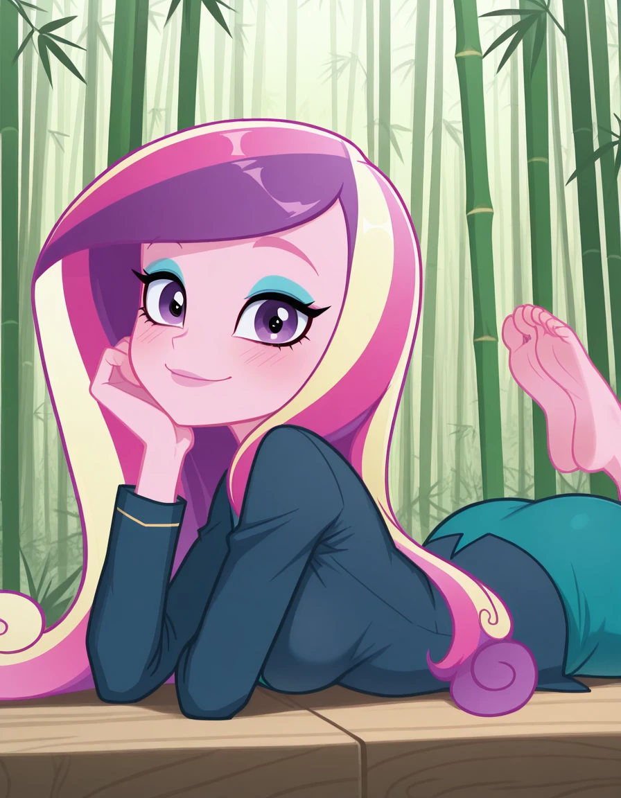 masterpiece, best quality, amazing quality,, <lora:dean-cadance-movie-illustriousxl-lora-nochekaiser:1>, cadance, long hair, very long hair, purple eyes, pink hair, purple hair, multicolored hair, two-tone hair, eyelashes, makeup, eyeshadow, skirt, formal, suit,, <lora:the-pose-illustriousxl-lora-nochekaiser:1>, the pose, on stomach, feet up, lying, soles, feet, legs up, head rest, barefoot, from side, looking at viewer, ass, smile, blush, sideboob, bamboo forest, bamboo, trees, dense, wildlife, cowboy shot, solo, looking at viewer,