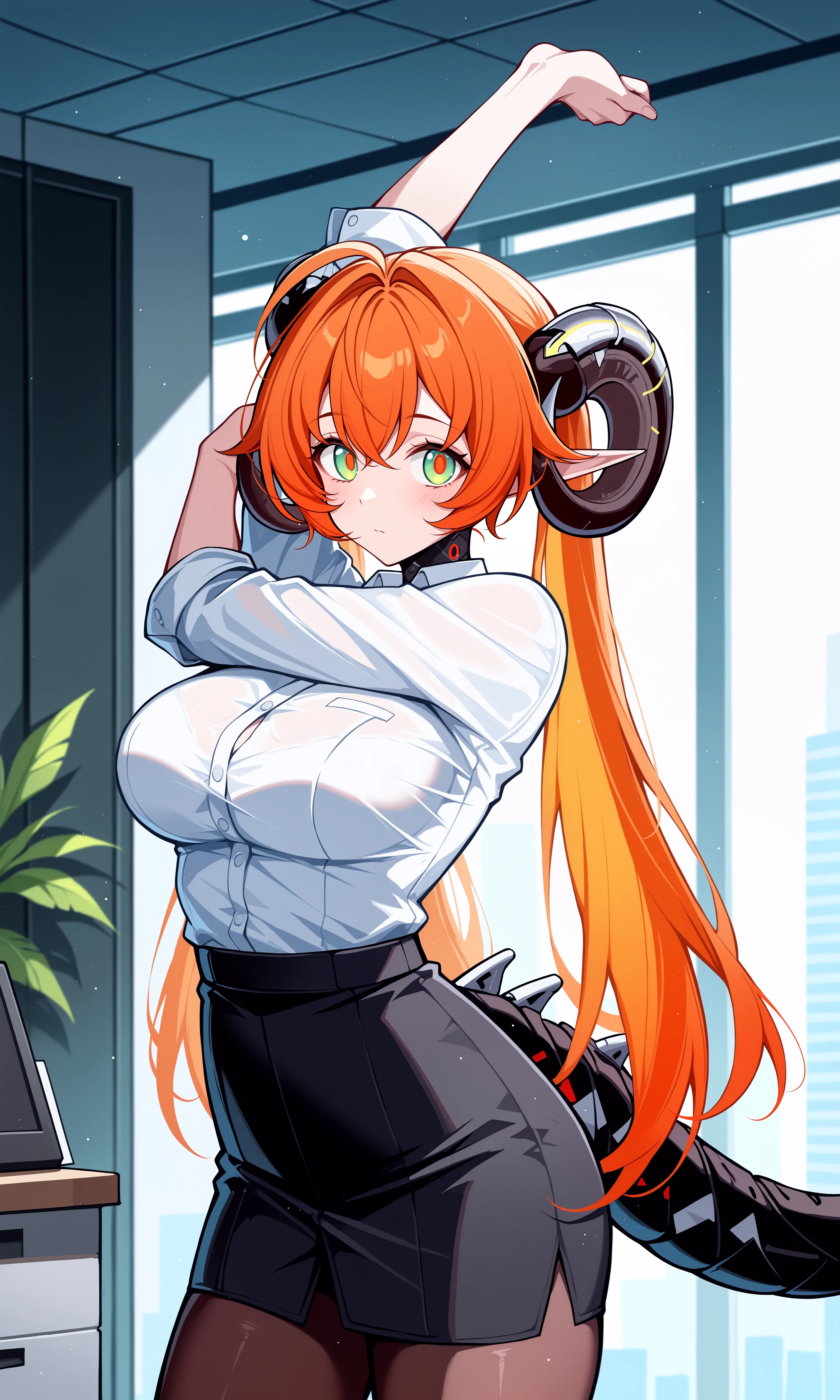 masterpiece, best quality, amazing quality, aesthetic, absurdres, best quality, 4k, upscale, indoors, stretching, orpheuszzz, 1girl, solo, long hair, bangs, orange hair, dragon horns, horns, breasts, pointy ears, (mechanical tail), twintails, hair between eyes, looking at viewer, suit, formal, white shirt, office shirt, office lady, green eyes, multicolored eyes, hair intakes, ahoge, <lora:Orpheus_IL_v3:1>