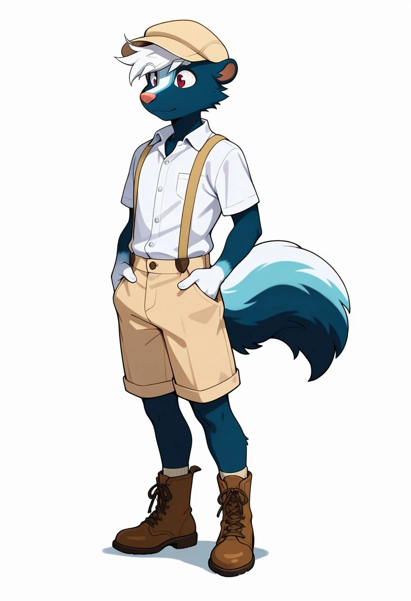 Solo,male,skunk, anthro,furry,Big tail,beige hat,red eyes,blue_fur,two-tone fur,white hands,white head tuft,white collared shirt,beige suspenders,beige slacks, Brown boots, white background, athletic body
BREAK masterpiece ,best quality, amazing quality, newest, amazing quality, very aesthetic, absurdres, newest, masterpiece, Perfect , perfect hands