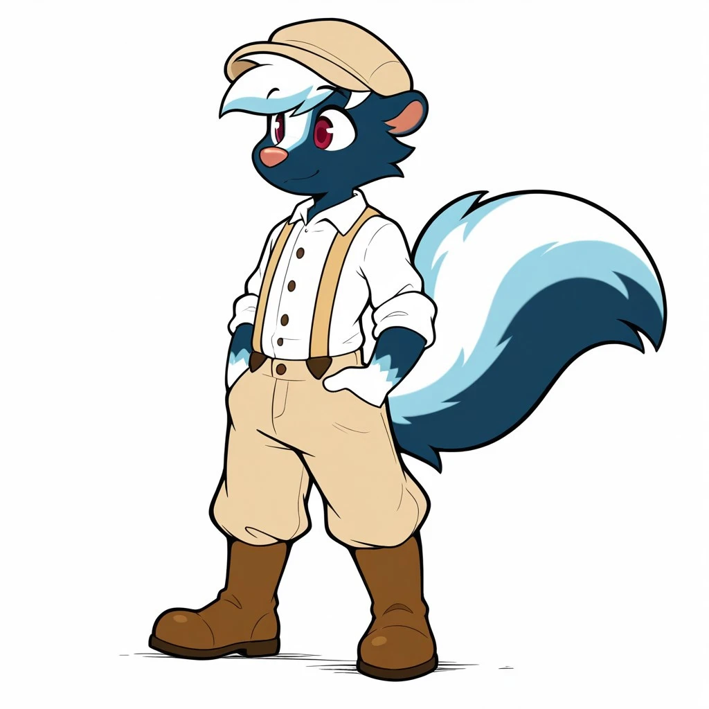 est quality, amazing quality, very aesthetic, absurdres, newest, masterpiece, Perfect , perfect hands,Solo,male,skunk, anthro,furry,Big tail,beige hat,red eyes,blue_fur,two-tone fur,white hands,white head tuft,white collared shirt,beige suspenders,beige slacks, Brown boots, white background, athletic body
BREAK masterpiece ,best quality, amazing quality, newest,plushtrapboyuwu