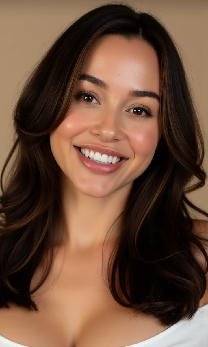 Professional studio headshot portrait photo of a beautiful fair woman sia with long, voluminous, hair with a subtle sense of motion and big round boobs. she is positioned against a solid background. She has a radiant, confident, and engaging smile. The woman is wearing a loose, off-the-shoulder top. The diffuce lighting highlights the woman's features and creates a warm, slightly soft glow. The background contrasts sharply with her skin and clothing, emphasizing her appearance. Captured with a high-end DSLR camera and a classic 85mm f/1.4 portrait lens. Set the aperture to f/2.8 for a shallow depth of field, ensuring her face is tack-sharp while the background is smoothly out of focus. The composition is a classic, tight headshot, focusing on her expressive face. Photorealistic, highly detailed, impeccable skin texture. no make up