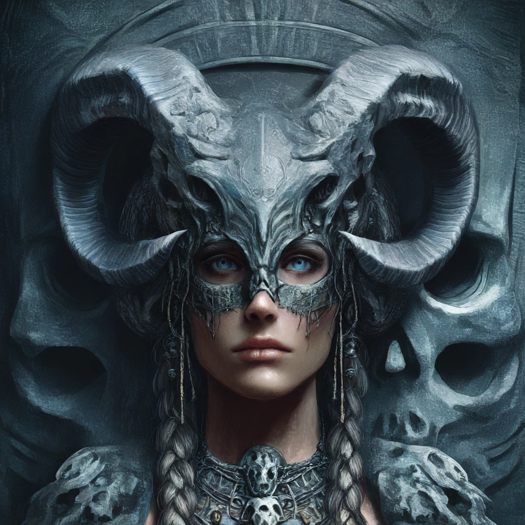 <lora:Dystopian_Mythology_FantasyIllustrious:1> Dystopian Mythology Fantasy, The image shows a woman with horns on her head wearing a mask standing in front of a sculpture., solo, 1girl, blue eyes, braid, skull, realistic, looking at viewer, portrait, lips, twin braids