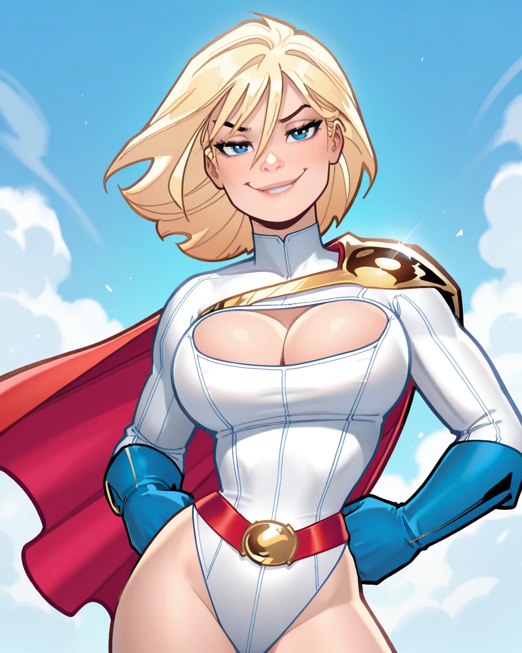 masterpiece, best quality, absurdres, perfect quality, absolutely eye-catching, <lora:AmandaConnerIllus:0.9> aconner, <lora:Power_Girl_DC_Comics:0.7> power_girl_(dc), blue eyes, blonde hair, white leotard, cleavage window, cleavage cutout, red cape, gold strap, blue gloves, red belt, hands on hips, contrapposto, looking at viewer, smug, large breasts, narrow waist,
