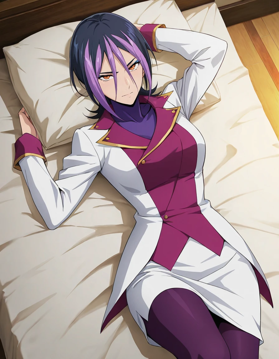 <lora:Droite_SDXL_IL_V1-000015:0.7>,d2o2t1,1girl,solo,short hair,black hair,purple hair,dyed bangs,hair between eyes,orange eyes,blue eyeshadow,white blazer,white pencil skirt,pink collar,purple fabric,purple bodysuit,bodysuit under clothes,purple pantyhose,
looking_at_viewer,available light,indoors,lying,on_back,from above,on bed,, Best quality,masterpiece,soft light,official art,masterpiece,high quality,highres,absurdres,best quality,epic scene,natural textures,16k, masterpiece, absurdes, highly detailed, highres, high quality, best quality, score_9, score_8_up, score_7_up, source_anime, masterpiece, perfect face, perfect eyes,(extremely detailed face),Smooth Quality,
