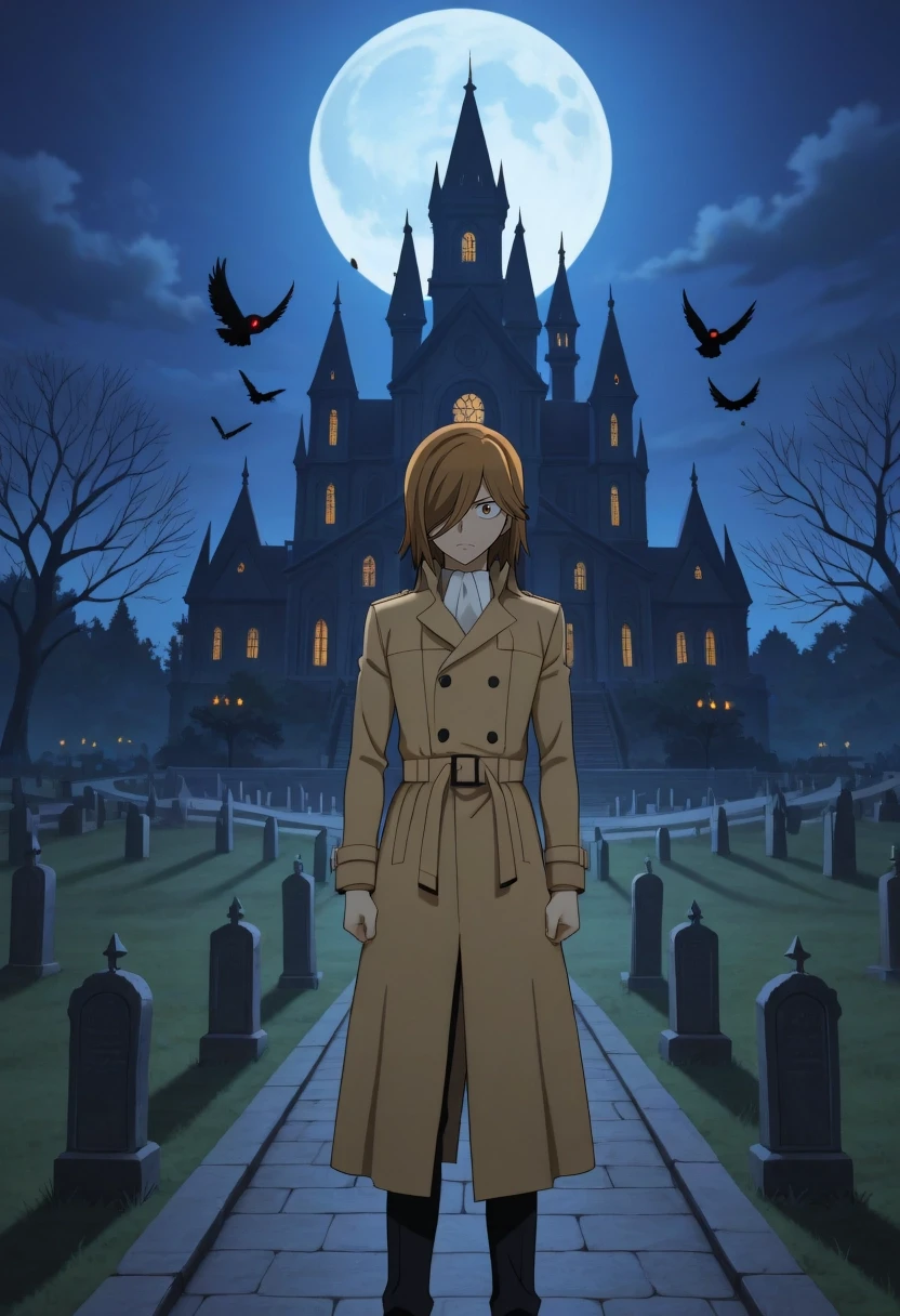 masterpiece, best quality, amazing quality, very aesthetic, high resolution, ultra-detailed, absurdres, newest, colorful, highest detailed, very awa, , anime screencap, anime coloring, , looking at viewer, standing, pensive expression, moonlit graveyard, flowing trench coat, ethereal glow, (wide shot:0.4), gnarled trees, weathered tombstones, swirling mist, distant owls, somber, mysterious, detailed gothic architecture, sharp focus, vibrant moon, clear night, 1boy, solo, male focus, <lora:hajime_aoyagi_ilxl:0.98>, hajime_aoyagi, brown hair, brown eyes, hair over one eye,