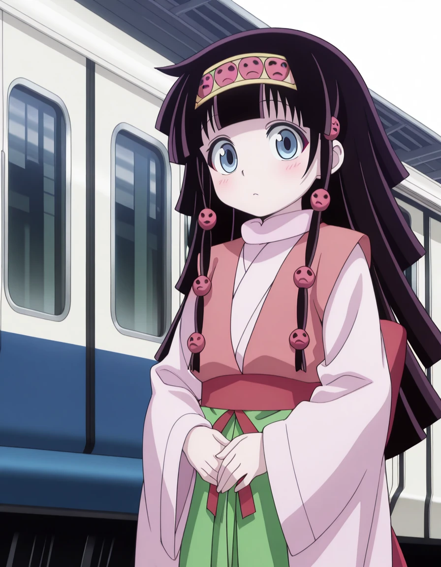 masterpiece, best quality, amazing quality,, <lora:hxh-alluka-anime-illustriousxl-lora-nochekaiser:1>, hxh alluka, long hair, blue eyes, black hair, hair ornament, hairband, blunt bangs, anime screencap,, long sleeves, japanese clothes, wide sleeves, kimono, sash, hakama, green hakama, multicolored clothes, hands on stomach, blush,, train station, trains, platform, passengers, travel, cowboy shot, solo, looking at viewer, <lora:transparent-background-illustriousxl-lora-nochekaiser:1>, transparent background, simple background, white background