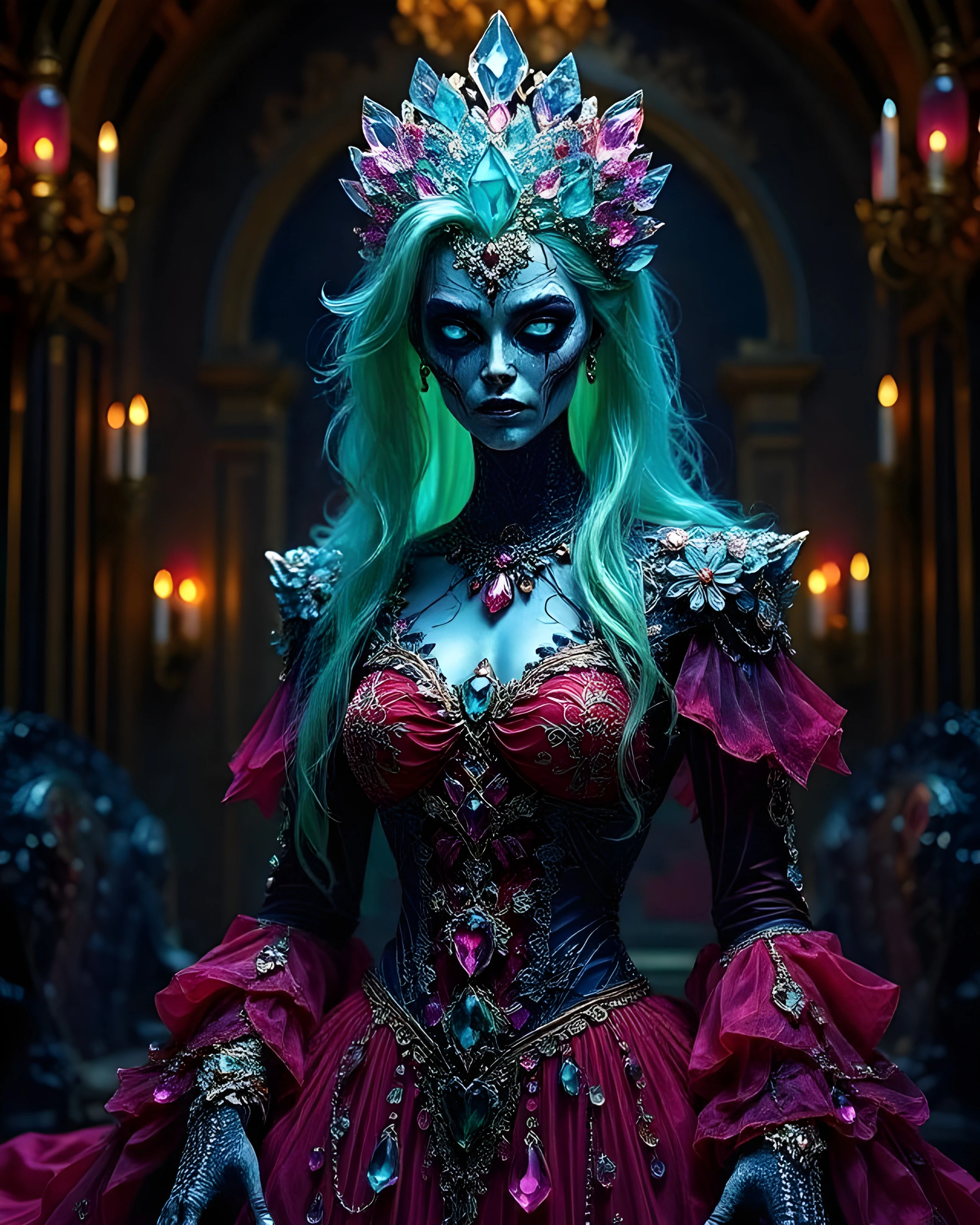 A captivating figure stands in a dimly lit, opulent setting filled with candles, exuding an eerie elegance. The character has luminescent blue skin and striking facial features accentuated by a crown adorned with colorful crystals. She wears a lavish gown in deep red and black, intricately embellished with jewels and floral designs. Long, flowing teal hair cascades around her shoulders, enhancing her otherworldly allure. The background suggests a grand, gothic atmosphere with hints of dark furniture and candlelight, creating a dramatic contrast.