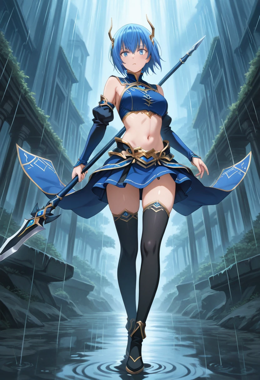 A deep blue-haired girl wields the Heavy Thrusting Swords from within the Elden Ring in a reverse grip.