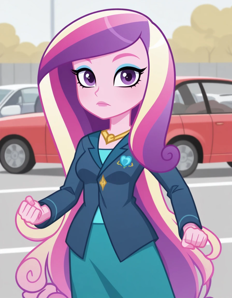 masterpiece, best quality, amazing quality,, <lora:dean-cadance-movie-illustriousxl-lora-nochekaiser:1>, cadance, long hair, very long hair, purple eyes, pink hair, purple hair, multicolored hair, two-tone hair, eyelashes, makeup, eyeshadow, skirt, formal, suit,, <lora:kung-fu-illustriousxl-lora-nochekaiser:1>, kung fu, martial arts, training, fighting stance, cowboy shot, parking lot, cars, asphalt, spaces, open, cowboy shot, solo, looking at viewer,