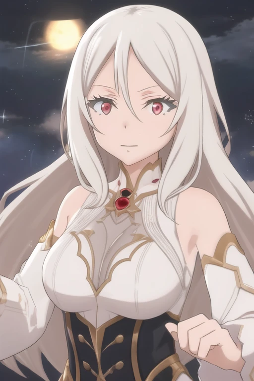 1girl,20s,solo,white short dress,white hair,long hair,elf ears,horns,white pantyhose,cleavage,red eyes,gold tiara,((no background)),talking,happy,smile,open mouth,profile,hand_on_own_cheek,looking to side,head up