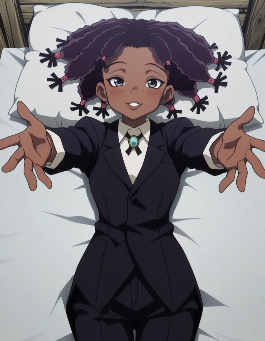 masterpiece, best quality, amazing quality,, <lora:hxh-canary-anime-illustriousxl-lora-nochekaiser:1>, hxh canary, black hair, dark skin, black eyes, dark-skinned female, dreadlocks, anime screencap,, jewelry, pants, formal, suit,, <lora:reaching-towards-viewer-on-back-illustriousxl-lora-nochekaiser:1>, reaching towards viewer on back, lying, outstretched arms, looking at viewer, parted lips, blush, torogao, reaching towards viewer, on back, on bed, pillow, lingerie, cowboy shot, smile, shack, small, wood, old, rural, cowboy shot, solo, looking at viewer,
