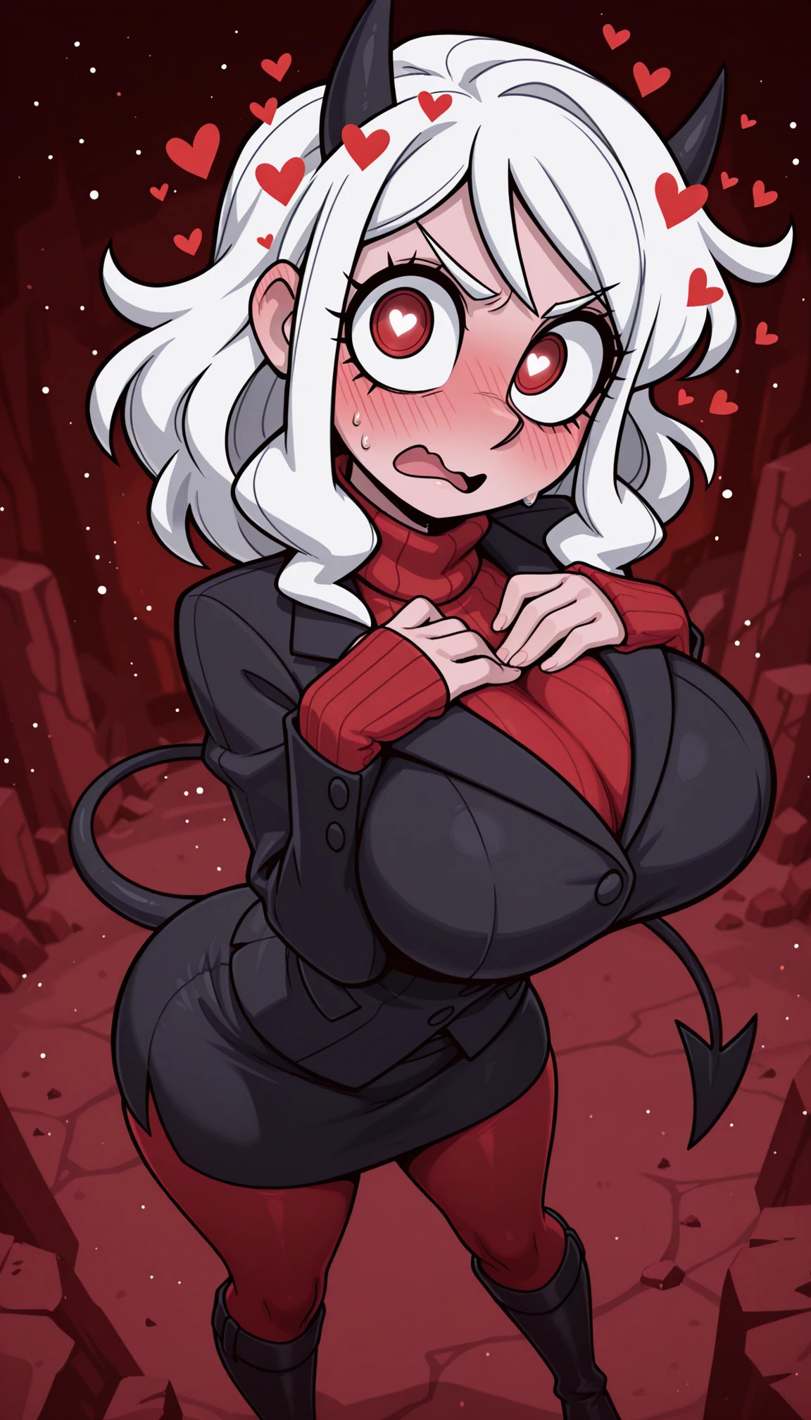 masterpiece, best quality, amazing quality, 4k, very aesthetic, high resolution, ultra-detailed, absurdres, newest, scenery, cartoon, toon, 1girl, solo, cute, modeus\(helltaker\), helltaker, demon girl, black demon tail, red eyes, very big eyes, ringed eyes, heart-shaped pupils AND sanpaku, angry, anger, blush, surprised, v-shaped eyebrows, wide-eyed, open mouth, wavy mouth, black demon horns, short white hair, messy hair, heavy nose blush, huge breasts, undersized formal black jacket, tight black suit, skindentation red turtleneck ribbed sweater sleeves past wrists, wide hips, narrow waist, thick thighs, business skirt, red pantyhose, black knee boots, hearts, looking at viewer, (upturned eyes:1.1), hands on own chest, breast suppress, contrapposto, legs apart, head tilt, hip tilt, twisted torso, leaning forward, arched back, from above, dutch angle, upper body, portrait, close-up, face focus, (fine fabric emphasis, detailed clothes:1.2), heart particles, [red background:helltaker background:11], wide shot, BREAK, detailed eyes, vignetting, detailed background, depth of field, volumetric lighting, ray tracing
