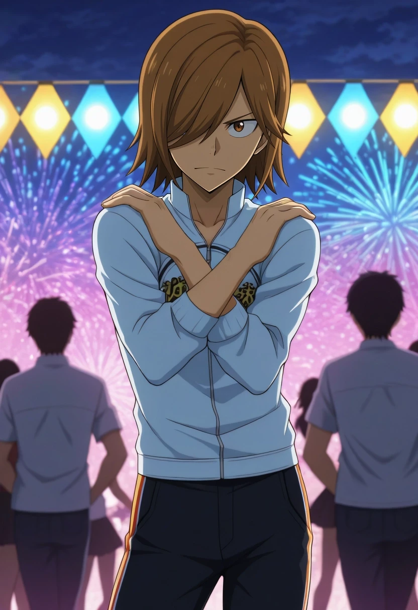 masterpiece, best quality, amazing quality, very aesthetic, high resolution, ultra-detailed, absurdres, newest, colorful, highest detailed, very awa, anime screencap, official style, anime coloring, cowboy shot, looking at viewer, dancing, free expression, open-air festival, bohemian attire, colorful string lights, medium shot, lively crowd \(blurred\), unique stalls, rhythmic music, joyful, vibrant, intricate patterns, sharp focus, soft glow, clear view, 1boy, solo, male focus, <lora:hajime_aoyagi_ilxl:0.96>, hajime_aoyagi, brown hair, brown eyes, hair over one eye,