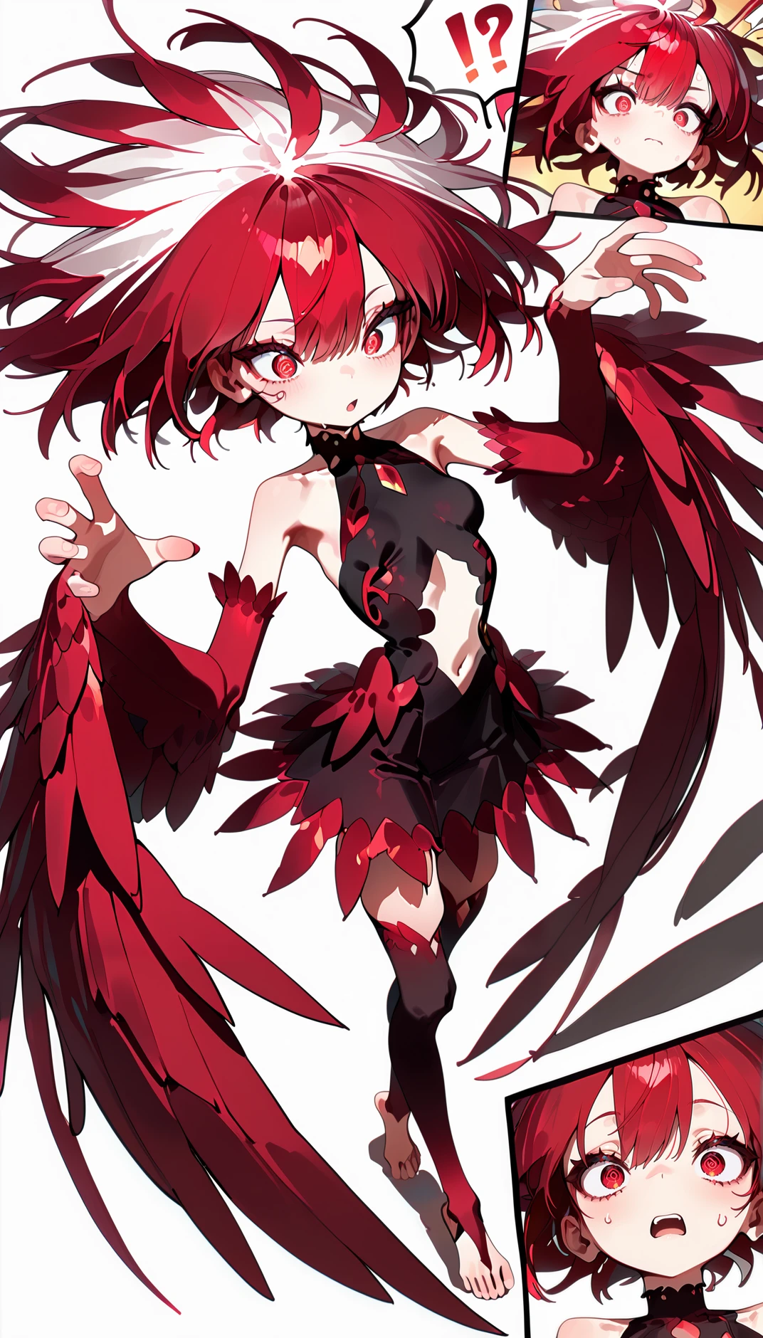 masterpiece, best quality, amazing quality, very aesthetic, absurdres,  newest, scenery,
, @_@, confused,surprise, !?, Dancing in a flamenco pose, full body, from above, , pyronix, 1girl,navel cutout ,red eyes,red hair,multicolored hair,wings,
two-tone hair,white hair,red wings,bare shoulders,feathered wings,small ,
detached sleeves,barefoot,thighhighs,toeless legwear,Zettai Ryouiki,  
white background, smiple background,, animated, dynamic angle, close-up,portrait, fisheye lens, detailed face,colorful, close-up, masterpiece, best quality, amazing quality, very aesthetic, absurdres, newest, scenery, volumetric lighting