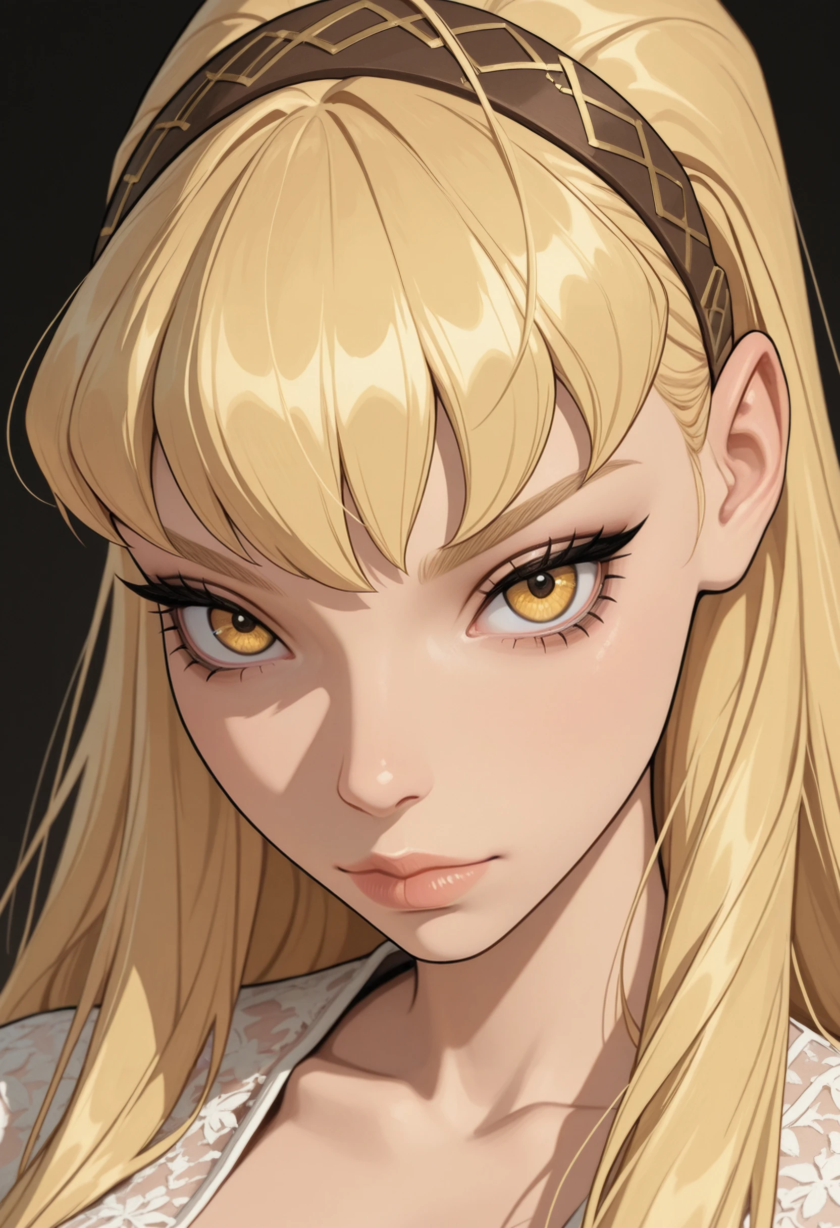 very awa, masterpiece, best quality, absurdres, newest, perfect quality, detailed background, intricate details
<lora:ILWCStell4:1>
WCStell4, 1girl, blonde hair, hairband, yellow eyes, long hair, looking at viewer, portrait