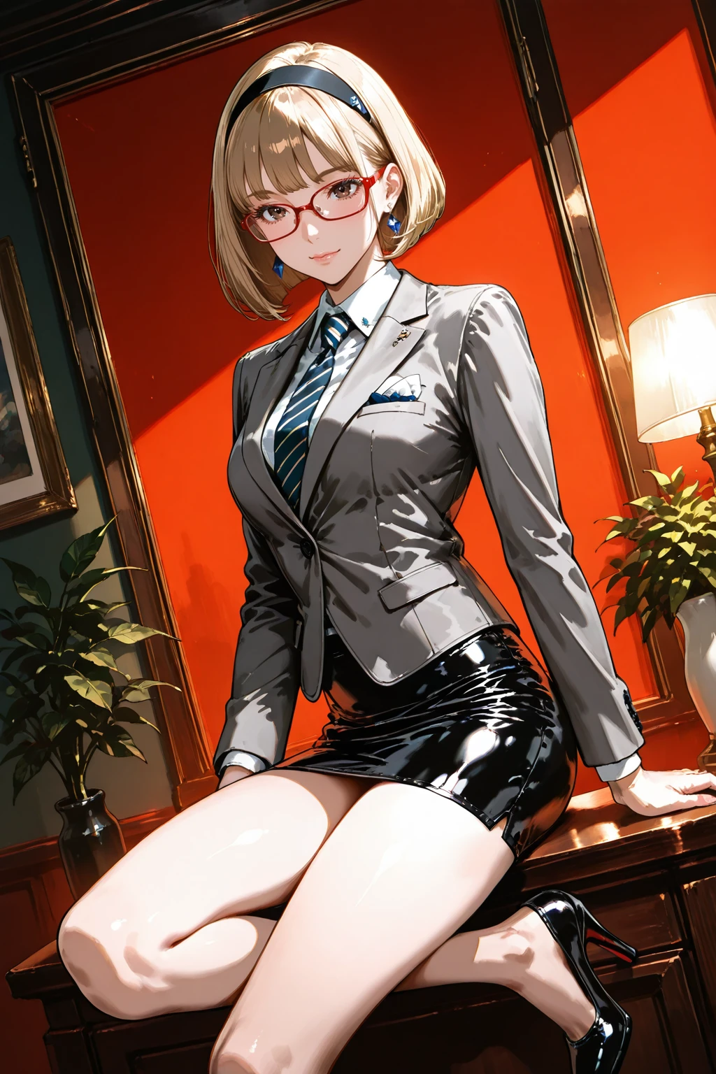 , masterpiece, best quality, good quality, super fine illustration, ultra high res, quality_masterpiece, official art, high-key lighting, highly contrasted, highly color focused, 8K, perfect face, perfect fingers, detailed, soft brightness, high-key lighting, dutch angle, sense of depth, gl1tchm4ng4, lineart, LineAniAF, soft_watercolor, zPDXL3, (Ilya Kuvshinov:0.2), (kon kit:1.0), (oda non:0.2),
<lora:Detailed_eyes:1> <lora:gl1tchm4ng4XLP:0.5> <lora:LineAniRedmondV2-Lineart-LineAniAF:0.5> <lora:a7b03fff-c393-4eb8-b501-dfcf2f445dbf.TA_trained:0.5> <lora:Detail_Tweaker_Illustrious_BSY_V3:0.8>
Thirties, Japanese, Blonde, Bob cut, side parted, ((Red frame glasses)), Slender body, , hostess makeup, Long lashes, dark brown eyes, black headband,
three-piece suit, 1girl, jewelry, formal, earrings, suit, lips, looking at viewer, buttons, plant, striped, striped shirt with white collar, striped necktie, dark grey jacket, plaid pattern, sitting on desk, high heels, skirt, pocket square, (((black tight leather skirt)))
<lora:7db47755-fcdb-4e42-a00e-e3c9d6219f9b.TA_trained:0.5> ume,