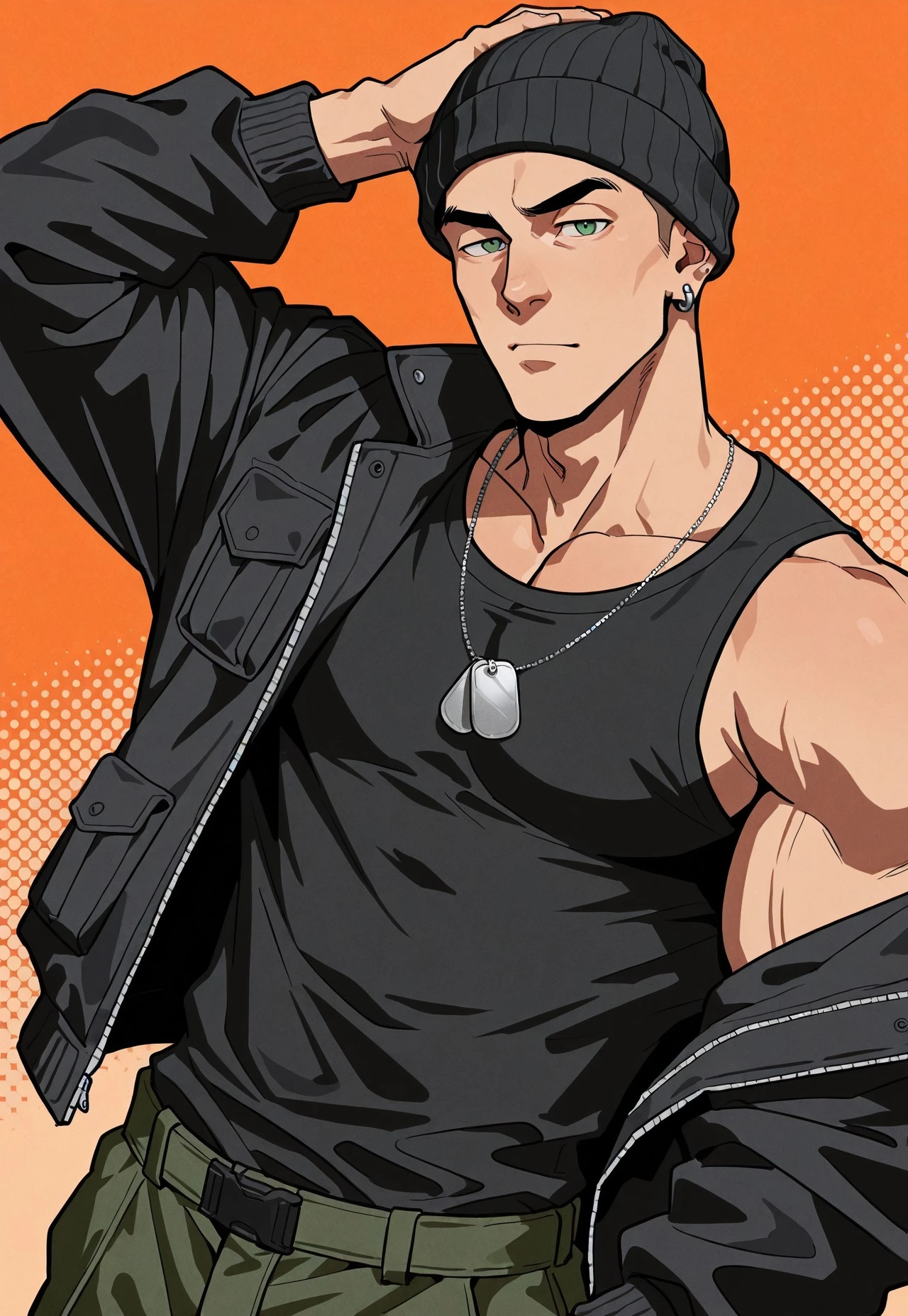 masterpiece, high quality, film grain, high resolution, newest, depth of field, bara, yaoi, very aesthetic, absurdres, newest, solo, male focus, 1boy, 3dward, ginger hair, green eyes, very short hair, earrings, dog tags, black tank top, black jacket, black beanie, cargo pants, hand on head, unbothered, looking at viewer, halftone effect, orange background, abstract background, dutch angle
