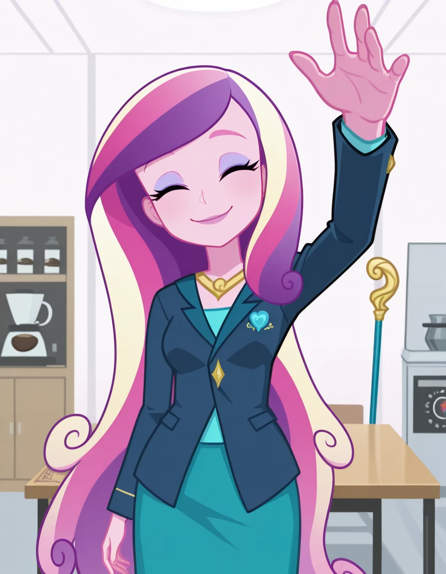 masterpiece, best quality, amazing quality,, <lora:dean-cadance-movie-illustriousxl-lora-nochekaiser:1>, cadance, long hair, very long hair, purple eyes, pink hair, purple hair, multicolored hair, two-tone hair, eyelashes, makeup, eyeshadow, skirt, formal, suit,, <lora:incoming-headpat-illustriousxl-lora-nochekaiser:1>, incoming headpat, headpat, pov, outstretched arm, reaching, reaching towards viewer, looking at viewer, head tilt, closed eyes, smile, cowboy shot, staff room, table, chairs, coffee_machine, relaxation, cowboy shot, solo, looking at viewer,