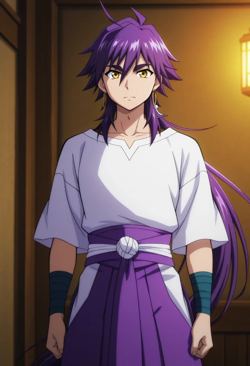 masterpiece, best quality, amazing quality, very aesthetic, high resolution, ultra-detailed, absurdres, newest, colorful, highest detailed, very awa, anime screencap, official style, anime coloring, cowboy shot, looking at viewer, 1boy, solo, male focus, <lora:snbd_msnb_ilxl:0.9>, snbd_msnb, purple hair, yellow eyes, long hair, ponytail, hair between eyes, ahoge,