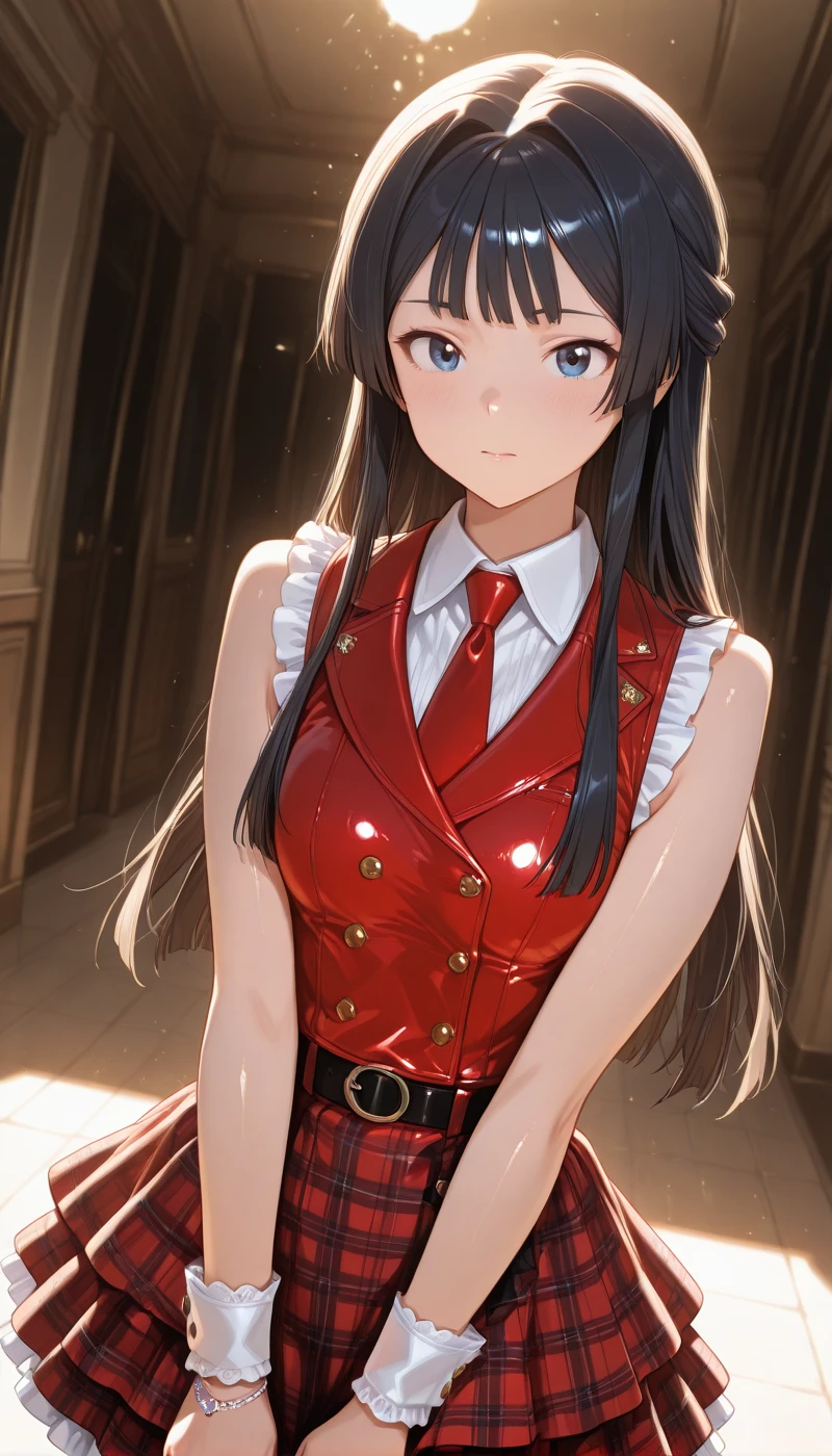 <lora:LCMTurboMix_Euler_A_fix:1> <lora:example_SDXL:0.3>, EZRealPONYXL, <lora:Dramatic Lighting Slider:3>
DSLR,realistic,cosplay photo, (very awa,masterpiece,best quality,year 2024,newest,absurdres,highres:1), realistic,skin texture,facial features, photography shot with Canon EOS 5D Mark IV , realistic, RAW, best quality, masterpiece, amazing quality, skin details,
1girl, highly detailed beautiful face, natural breasts,
detailed background, shiny skin, dutch angle,
beautiful detailed eyes, intricate details, absurdres, anime screencap,
<lora:MogamiSizuka_IdolMaster_ILXL_kill0825:1>
IMMogaSizu, long hair, breasts, blue eyes, black hair, sidelocks, small breasts, hair intakes, hime cut, blunt bangs, medium breasts, half updo,
shirt, skirt, gloves, dress, bare shoulders, jacket, white shirt, frills, necktie, sleeveless, collared shirt, belt, vest, wrist cuffs, plaid, sleeveless shirt, red skirt, plaid skirt, frilled skirt, red necktie, single glove, layered skirt, idol, sleeveless jacket, idol clothes, red jacket,