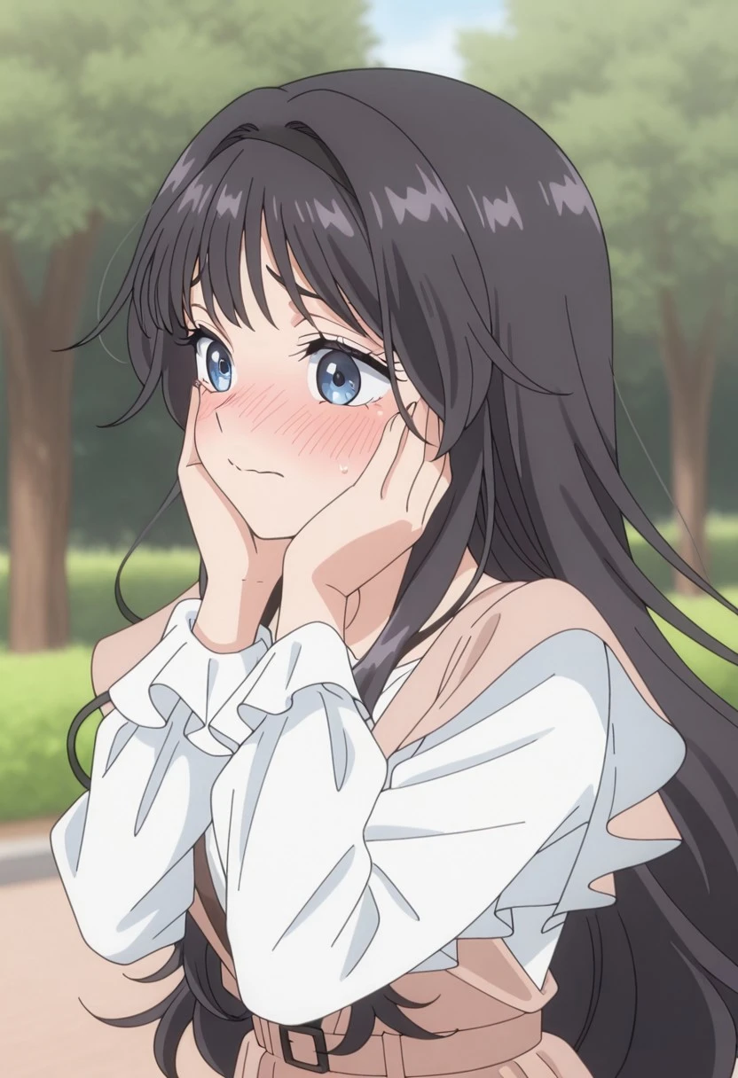 solo, upper body, woman, Waguri Kaoruko (character), 1girl, solo, long hair, black hair, blue eyes, Kaoruko outfit 1, dress, brown dress, long sleeves, shirt, white shirt, kilig_pose, hands on own cheeks, closed mouth, blush, park, masterpiece, 4k resolution, anime