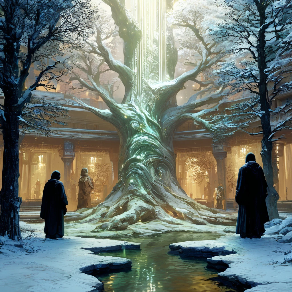 Score_9, score_8_up, score_7_up, score_6_up, <lora:Dystopian_Mythology_FantasyPony:1> Dystopian Mythology Fantasy, The image shows a tree of gondor in the middle of a city at night illuminated by a light show. The tree is surrounded by people and the sky is visible in the background. The image is animated giving it a dynamic feel., tree, scenery, multiple boys, night, outdoors, water, robe, sky, building, snow