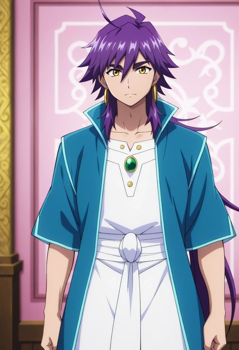 masterpiece, best quality, amazing quality, very aesthetic, high resolution, ultra-detailed, absurdres, newest, colorful, highest detailed, very awa, anime screencap, official style, anime coloring, cowboy shot, looking at viewer, 1boy, solo, male focus, <lora:snbd_msnb_ilxl:0.98>, snbd_msnb, purple hair, yellow eyes, long hair, ponytail, hair between eyes, ahoge, blue open coat, white tunic, light pink panel, green gem, gold trim, gold hoop earrings, gold buttons