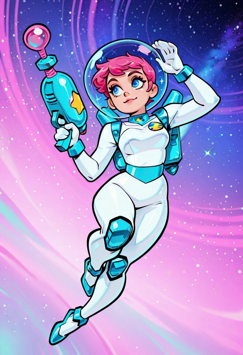 amazing quality,4k,high resolution,ultra-detailed,newest,retro Space Girl,1girl,solo,pink hair,short pixie cut,blue eyes,highly detailed eyes,white bodysuit,chrome,jetpack,full body,holding a raygun,((flying,)) action pose,dynamic angle,dynamic pose,vaporwave,galaxy,galaxy background,swirling stars,dome helmet,glass helmet,chrome,