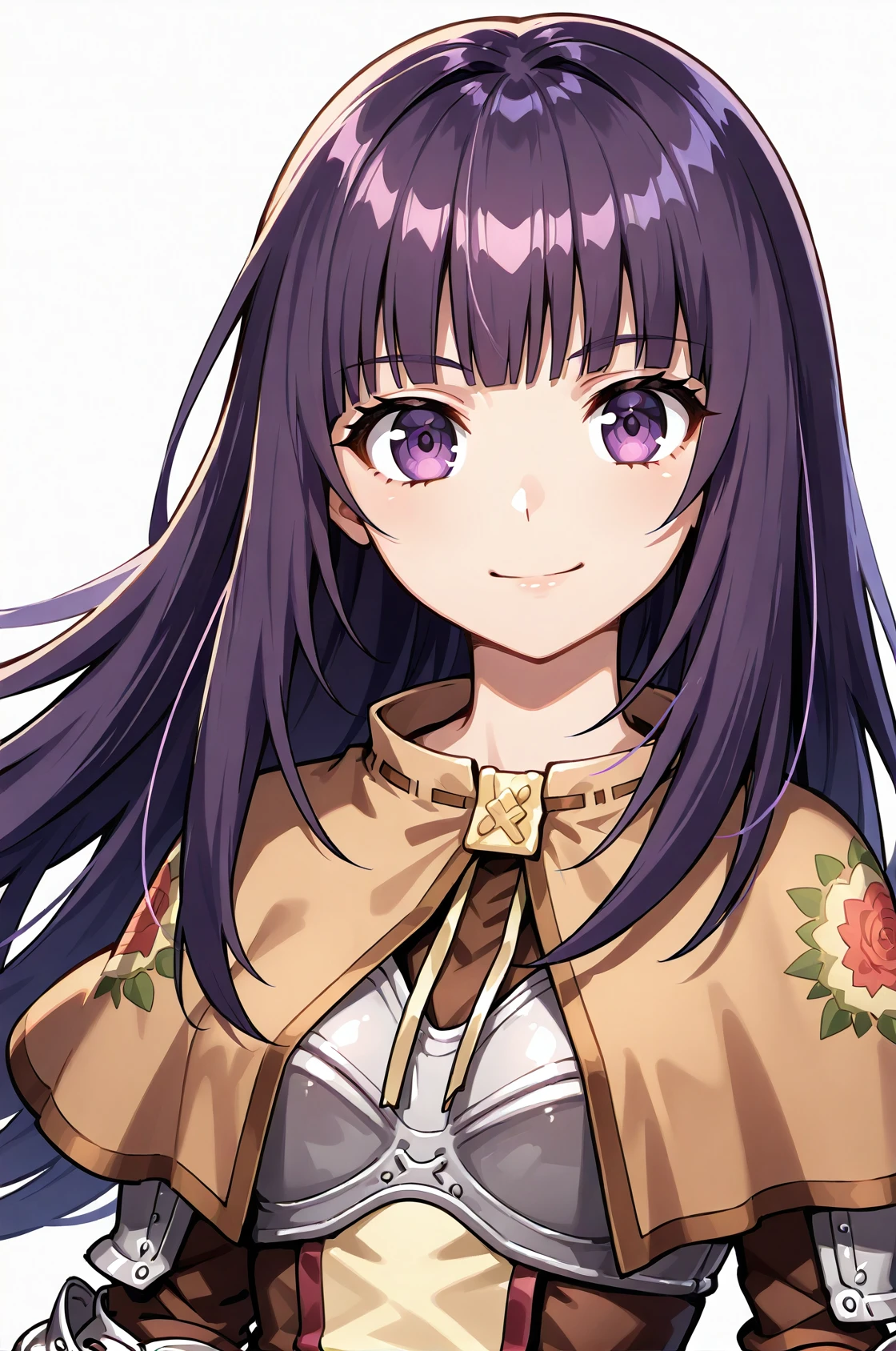 swdro, breastplate, brown capelet, dress, armored gloves, gauntlet, 1girl, solo, looking at viewer, long hair, purple hair, purple eyes, blunt bangs, standing, upper body, smile, white background,
 <lora:swordROIlustV6.5:1>