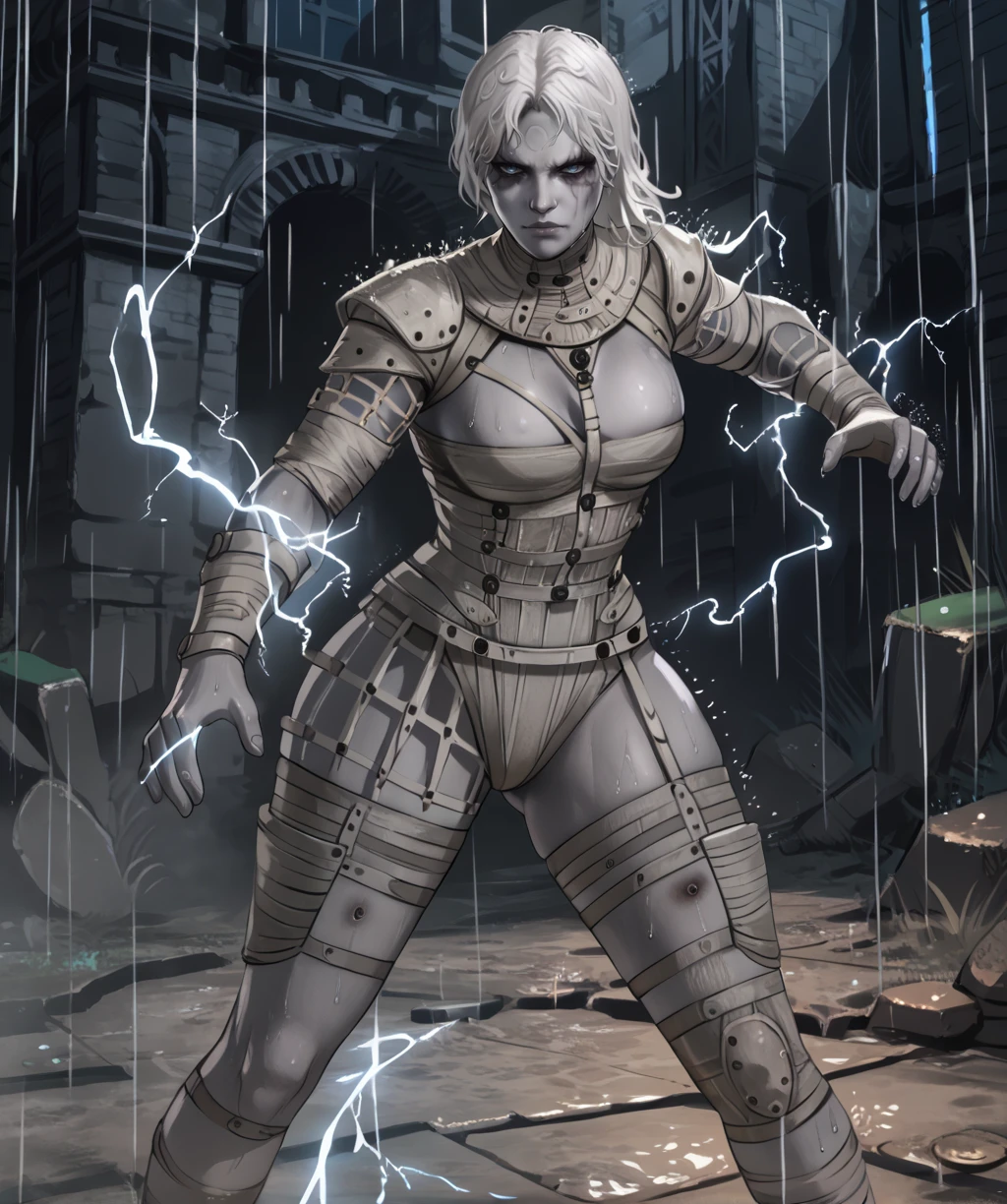 score_9, score_8_up, score_7_up, score_6_up, score_5_up, score_4_up,
laxasiaxl, white hair, blue eyes, facial mark,
white hair, grey eyes,
fighting stance, , standing,
wet, rain, electricity,
night, ruins,
looking at viewer, <lora:laxasiaTCXL-11v7:0.9>,