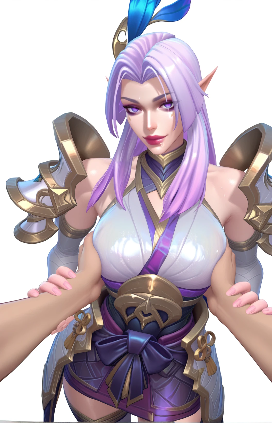 masterpiece, best quality, amazing quality,  absurdres,
hips, sexy,  sexy,  , sexy,  hot,    sexy pose, sexy face, sexy (white background:1.2),  <lora:SB_KAYLE-e100_s1100:1> SB_KAyle, pointed ears, long hair, light purple hair, straight hair, purple eyes ,armor shoulder pads, single blue feather hairpin, sleeveless top, purple skirt, waist ribbon, thigh-high stockings, gold armor elements, fantasy outfit, gold trim, standing, look side, pov, standing, breast grab, boy grab her breast, pov <lora:Wild Rift StyleIlluLYCO:1.2> 1girl, solo, breasts, looking at viewer, makeup,