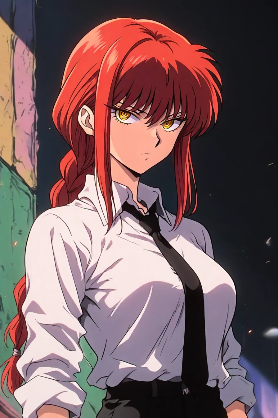 makima, red hair, long hair, yellow eyes, ringed eyes, braid, white collared shirt,black necktie, black pants, 1girl, solo, alone, <lora:yu_yu_hakusho_style_illustriousXL-000015:1>, yu_yu_hakusho_style, masterpiece, highres