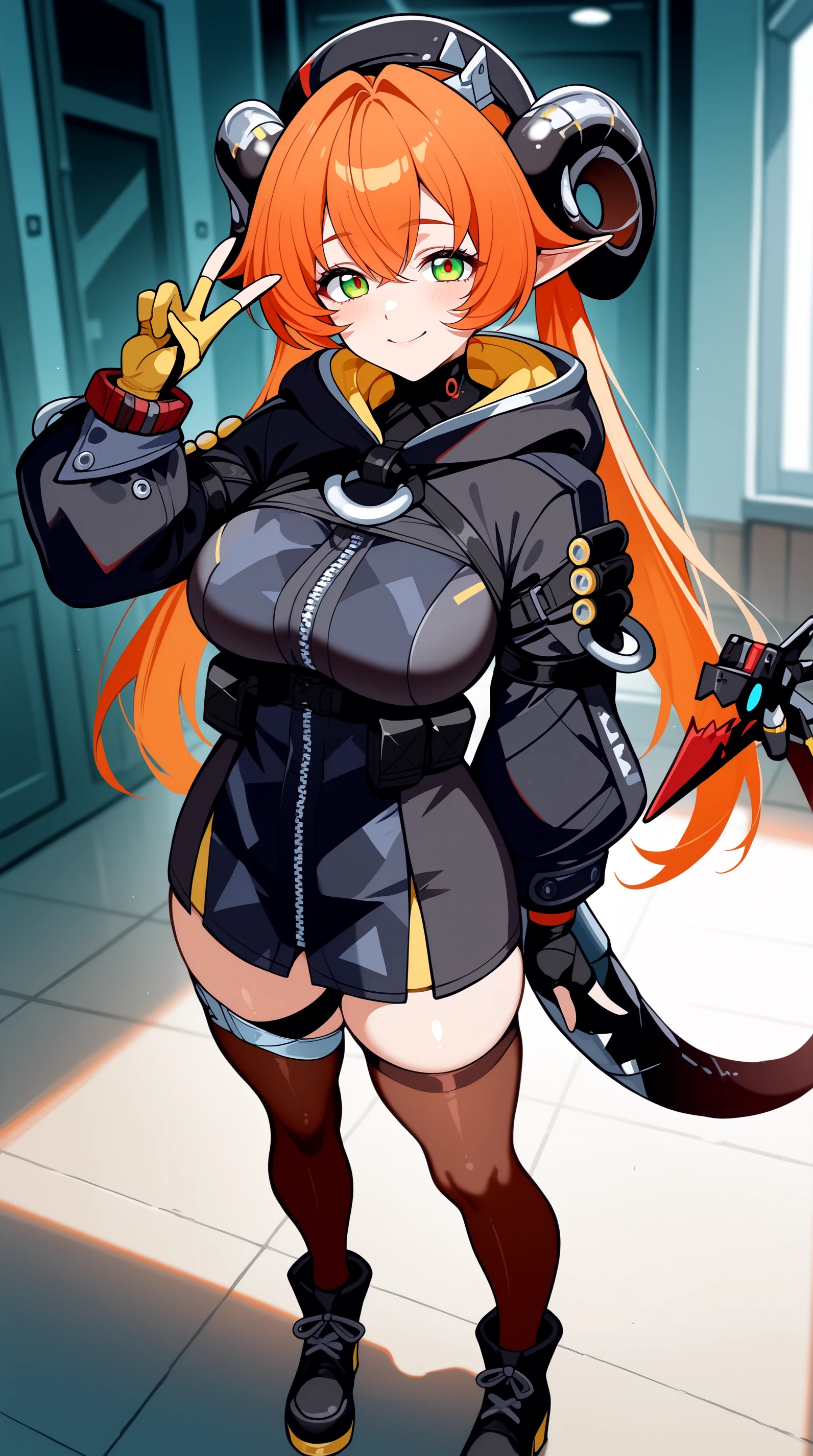 masterpiece, best quality, amazing quality, aesthetic, absurdres, best quality, 4k, upscale, indoors, v, dynamic pose, orpheuszzz, 1girl, solo, thighhighs, gloves, long hair, orange hair, hood, black footwear, looking at viewer, brown thighhighs, standing, breasts, fingerless gloves, horns, smile, long sleeves, bangs, hood up, black gloves, hair between eyes, closed mouth, pointy ears, yellow gloves, black gloves, hat, long hair, twintails, bangs, green eyes, mechanical tail <lora:Orpheus_IL_v3:0.8>