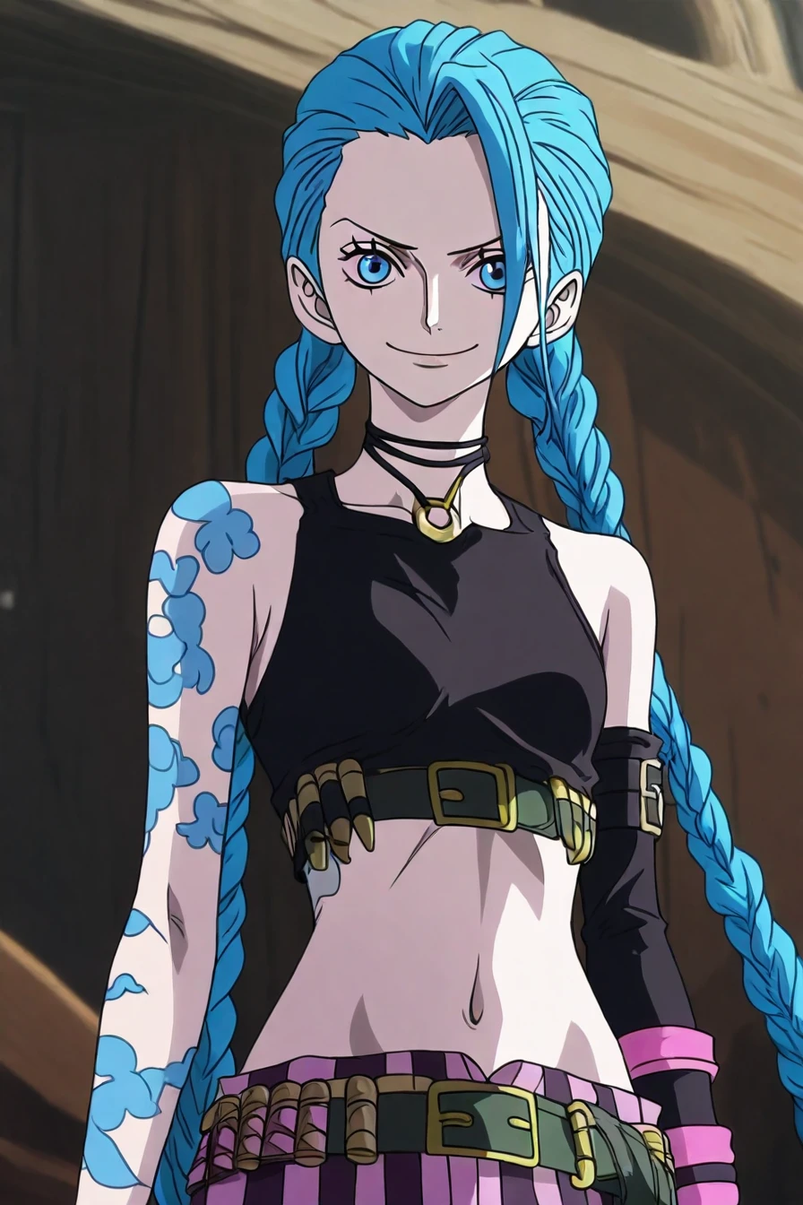 jinx, blue hair, pale skin, choker, smile, blue eyes, long blue twin pigtails, tattoo,crop top, sleeve, armbands, purple striped pants, gloves, belt, 1girl, solo, alone,<lora:one_piece_style_illustriousXL-000017:1>, one_piece_style, masterpiece, highres
