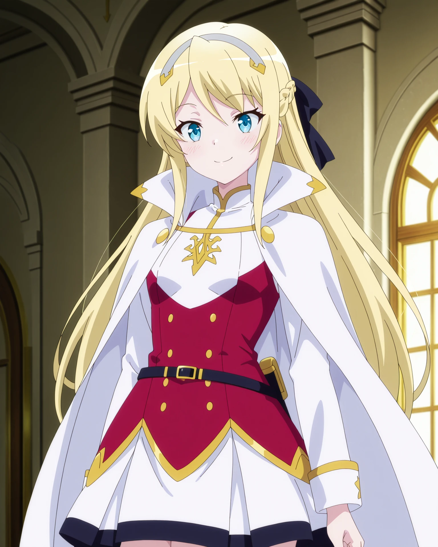 4k, ultra-detailed, absurdres, high resolution, beautiful lighting, cinematic composition, sharp focus, newest, (masterpiece:1.3), (best quality:1.3), (anime screencap:1.5),
highly detailed shading, soft shading, glossy skin, realistic proportions, petite, small stature, smiling, 
cowboy shot,
front view, standing,
indoor lounge, soft lighting, blurred background,
<lora:susamix010-pony:0.6> (anime coloring),  <lora:Hildegard_Minas_Lestia__Isekai_Smartphone:1> hildegardminaslestia,  blonde hair
<lora:AddMicroDetails_Illustrious:0.3> addmicrodetails