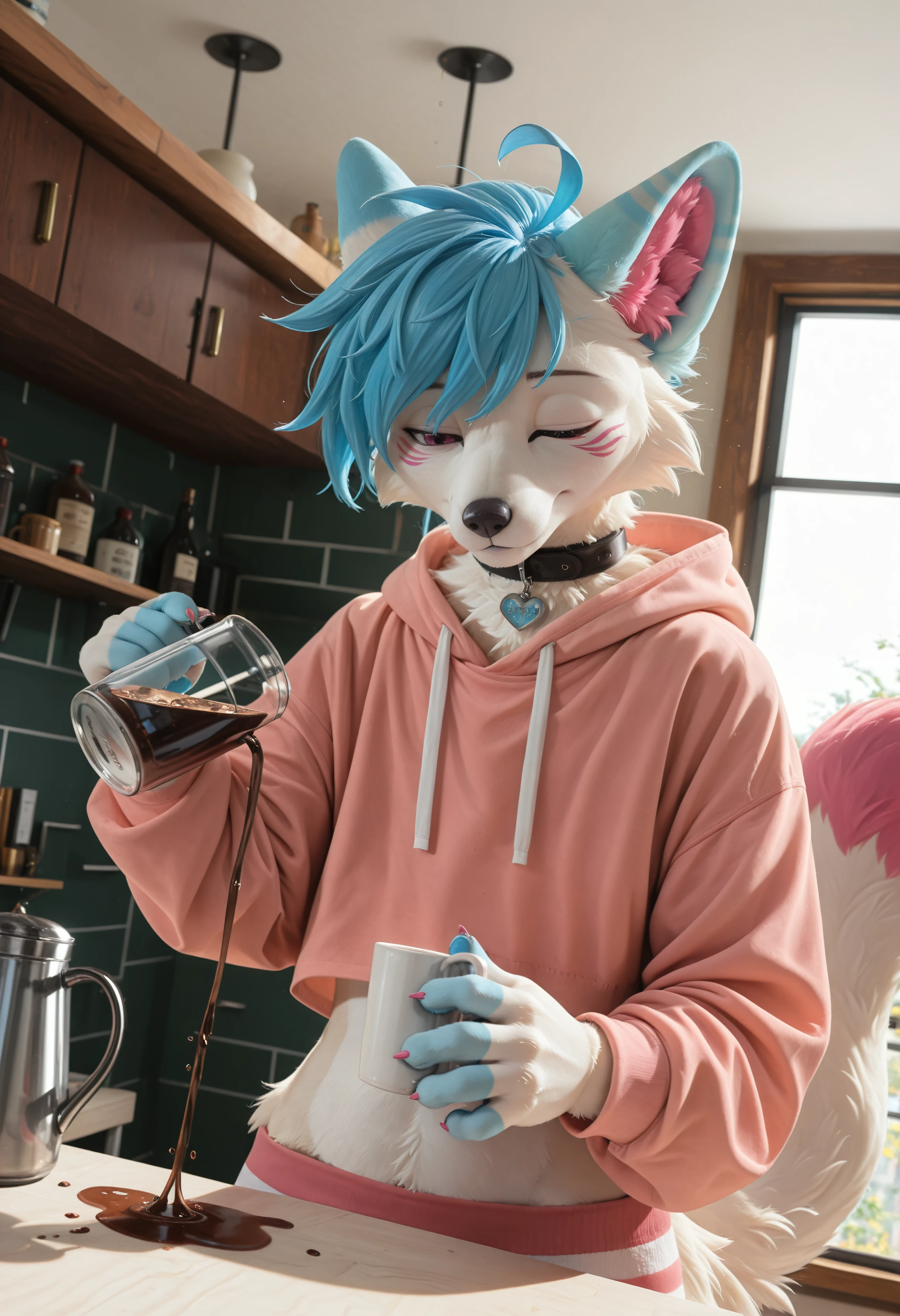 (masterpiece, best quality, very aesthetic, newest, 2024:1.2), (photorealism, photorealistic:1.1), hi res, close up, dutch angle, ol1ver_pr1nce, arctic fox, animal ears, furry, blue hair, tails, solo, male focus, pink eyes, 1boy, looking at viewer, furry male, body fur, standing, collar, striped stockings, pink cropped hoodie, ahoge, clothed, clothes, rised tails, cafe interior, (spilling coffee:1.1), startled, looking down, front view, medium shot, warm lighting, cafe background, cinematic quality, sleepy, eyes closed, upper body, <lora:noobReal-V2.1:0.45> <lora:Oliver_Prince_OC_Illustrious:1>