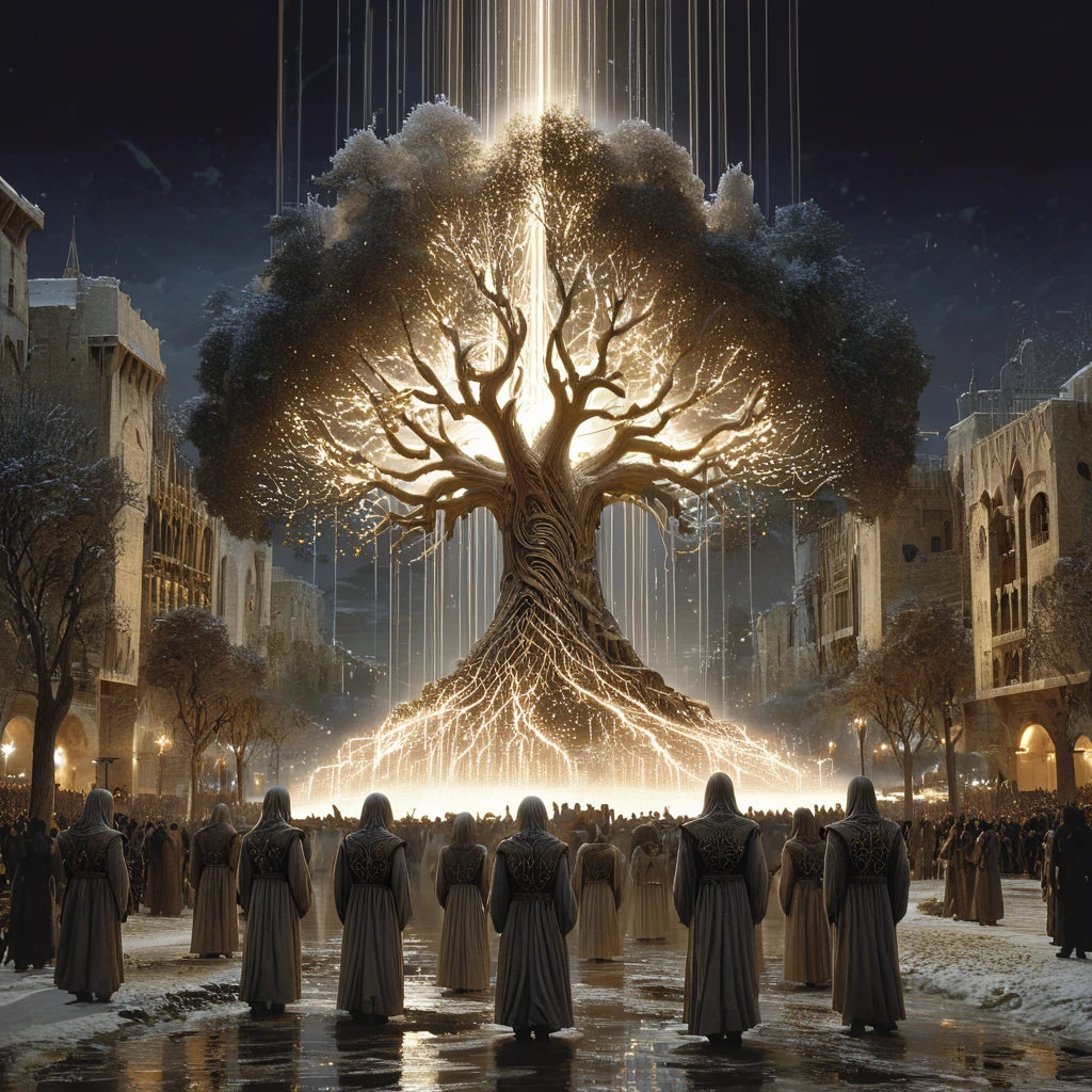 <lora:Dystopian_Mythology_FantasySDXL:1> Dystopian Mythology Fantasy, The image shows a tree of gondor in the middle of a city at night illuminated by a light show. The tree is surrounded by people and the sky is visible in the background. The image is animated giving it a dynamic feel., tree, scenery, multiple boys, night, outdoors, water, robe, sky, building, snow