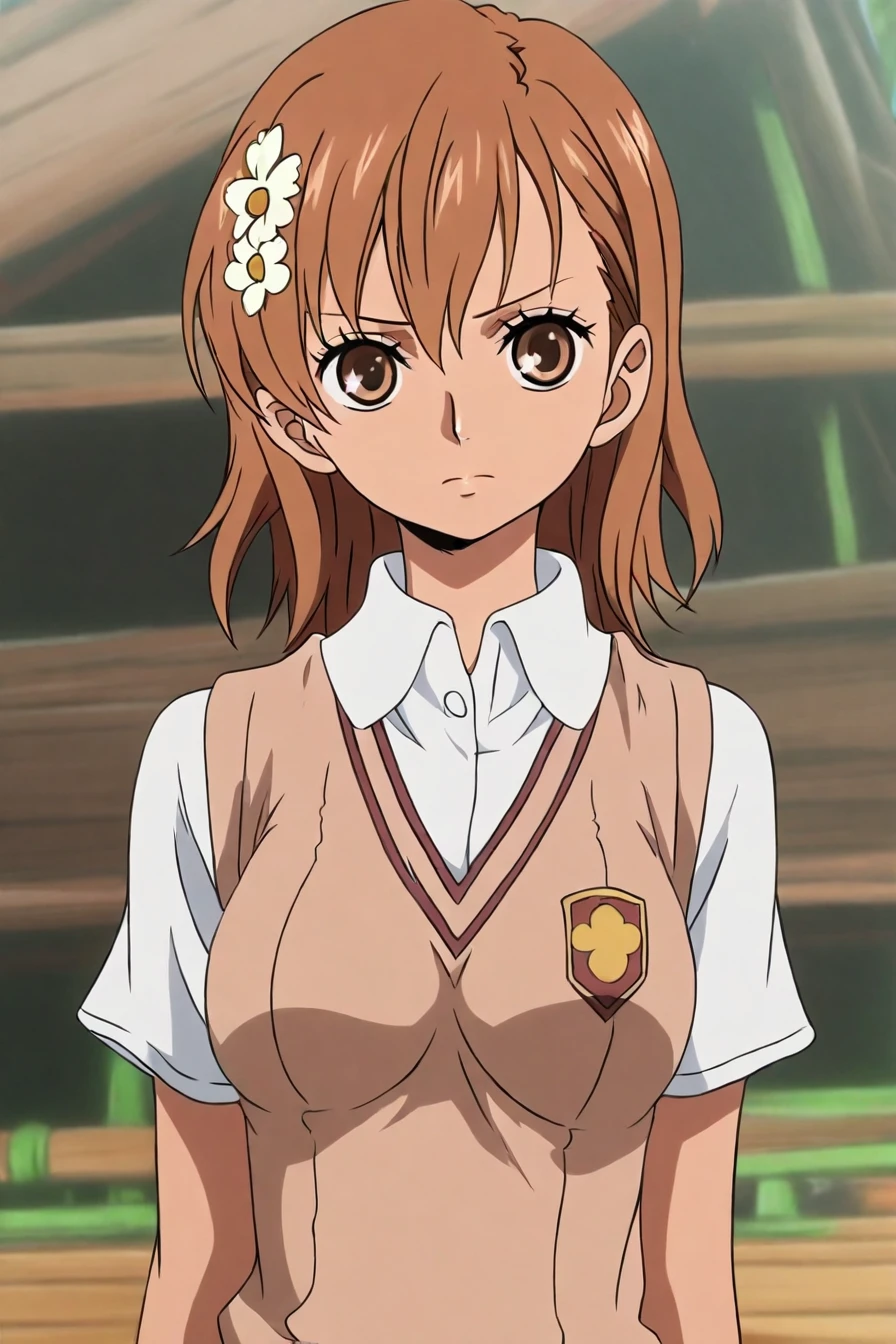 (mikoto misaka:0.4), short hair, brown hair, hair ornament, hair flower, brown eyes, tokiwadai uniform school, 1girl, solo, alone,<lora:one_piece_style_illustriousXL-000017:1>, one_piece_style, masterpiece, highres