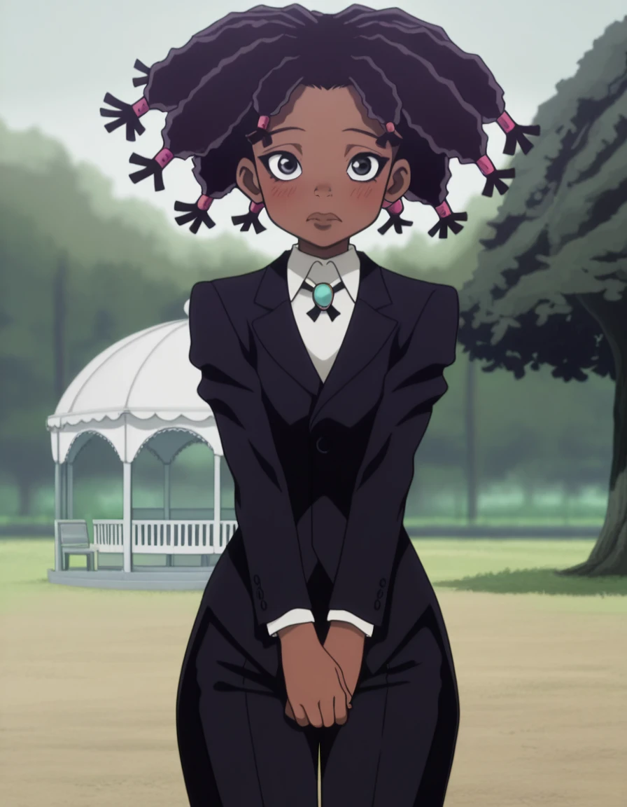 masterpiece, best quality, amazing quality,, <lora:hxh-canary-anime-illustriousxl-lora-nochekaiser:1>, hxh canary, black hair, dark skin, black eyes, dark-skinned female, dreadlocks, anime screencap,, jewelry, pants, formal, suit,, hands on stomach, blush,, gazebo, park, shelter, outdoors, wooden, cowboy shot, solo, looking at viewer,