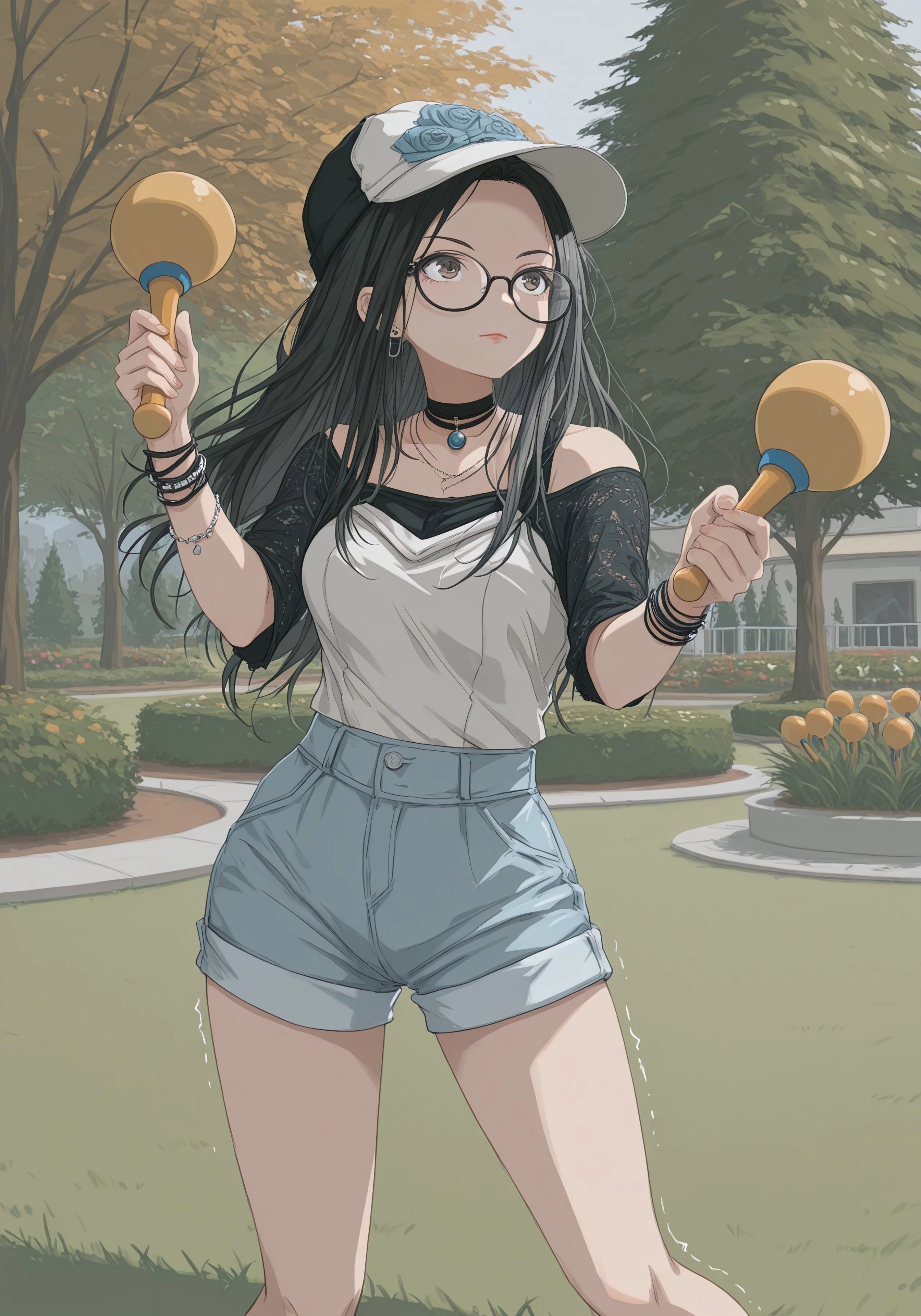 (((ultra detailed, masterpiece, high quality, )))
,
((( outdoors, garden, nature, tree, grass)))
,
((( 1girl, solo, )))
,
((( Maracasmb2, playing maracas, holding maracas, maracas in both hands, shaking instruments, rhythmic pose, dancing stance )))
,
((( Rosalinmb2, long hair, black hair, glasses, jewelry, choker, hat, )))
,
((( )))
,
((( )))
((( )))