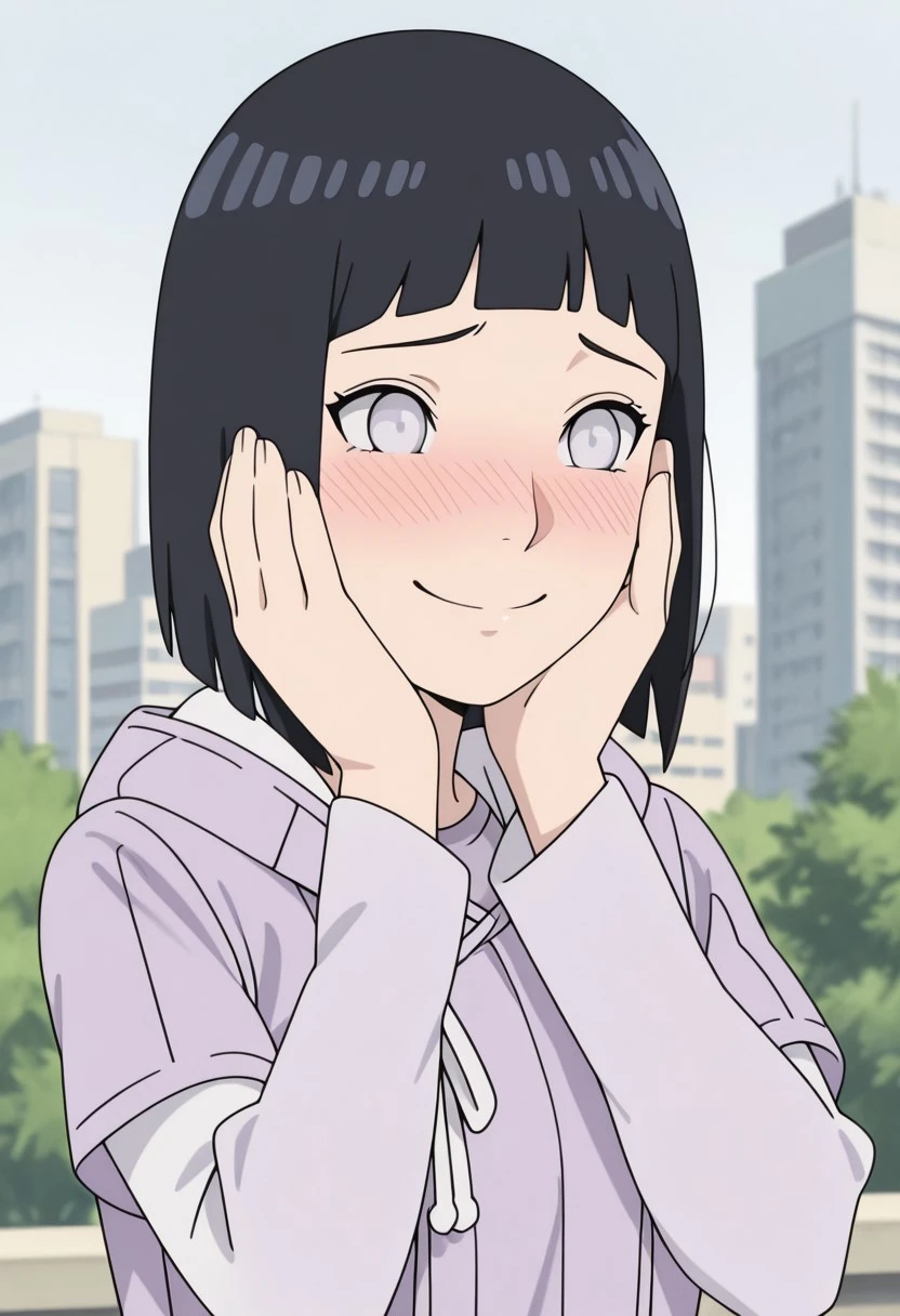 solo, upper body, woman, 1girl, hyuuga hinata, bangs, short hair, black hair, white eyes, hood down, hoodie, layered sleeves, kilig_pose, hands on own cheeks, closed mouth, smile, facing front, blush, city, masterpiece, 4k resolution, anime