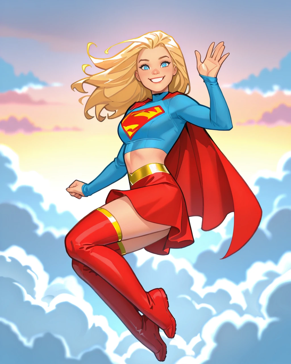masterpiece, best quality, absurdres, perfect quality, absolutely eye-catching, <lora:AmandaConnerIllus:0.9> aconner, <lora:SupergirlIllus:0.7> newsupergirl, 1girl, blonde hair, long hair, blue eyes, crop top, cape, midriff, red skirt, thigh boots, in air, clouds, looking at viewer, waving, smile,