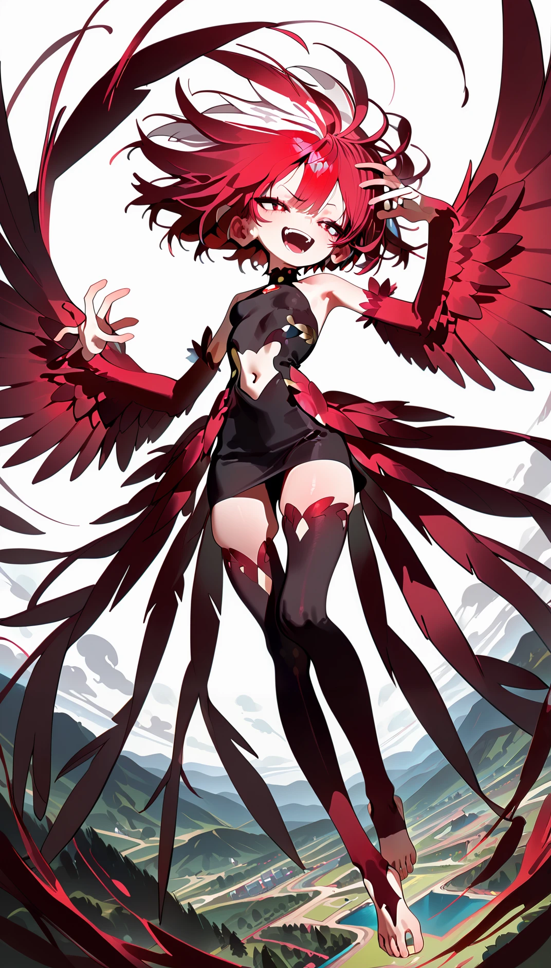 masterpiece, best quality, amazing quality, very aesthetic, absurdres, newest, scenery,
, laughing, Lying on the side, one hand under the head, full body, from below, , pyronix, 1girl,navel cutout ,red eyes,red hair,multicolored hair,wings,
two-tone hair,red wings,bare shoulders,feathered wings,small ,
detached sleeves,barefoot,thighhighs,toeless legwear,Zettai Ryouiki,
white background, smiple background,, animated, dynamic angle, close-up,portrait, fisheye lens, detailed face,colorful, close-up, masterpiece, best quality, amazing quality, very aesthetic, absurdres, newest, scenery, volumetric lighting