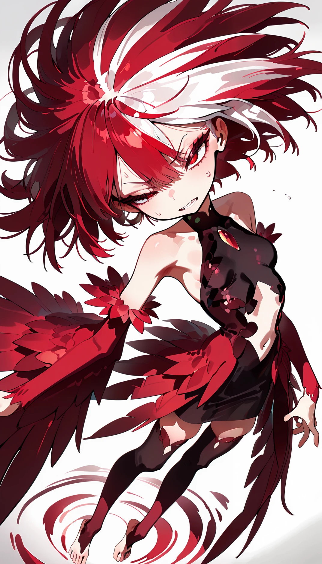 masterpiece, best quality, amazing quality, very aesthetic, absurdres,  newest, scenery,
, squinting, sweatdrop, Dancing in a flamenco pose, upper body, from above, , pyronix, 1girl,navel cutout ,red eyes,red hair,multicolored hair,wings,
two-tone hair,white hair,red wings,bare shoulders,feathered wings,small ,
detached sleeves,barefoot,thighhighs,toeless legwear,Zettai Ryouiki,  
white background, smiple background,, animated, dynamic angle, close-up,portrait, fisheye lens, detailed face,colorful, close-up, masterpiece, best quality, amazing quality, very aesthetic, absurdres, newest, scenery, volumetric lighting